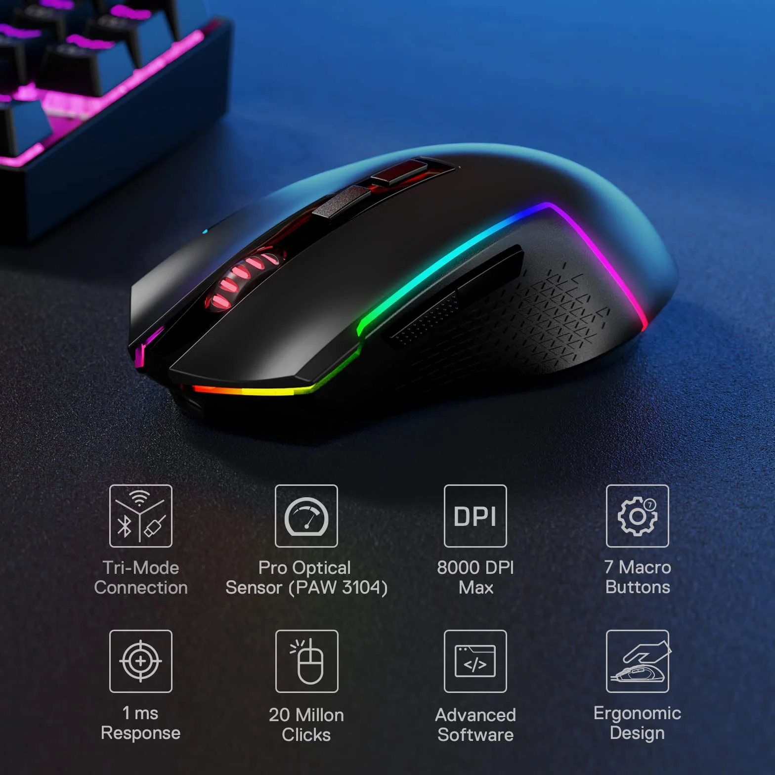 Redragon M693 Bezprzewodowa mysz do gier 8000 DPI z 3 trybami łączenia, Bluetooth i bezprzewodowa, 2,4 G, 7 przycisków makro, trwała moc i podświetlenie RGB do komputerów PC/Mac/komputera
