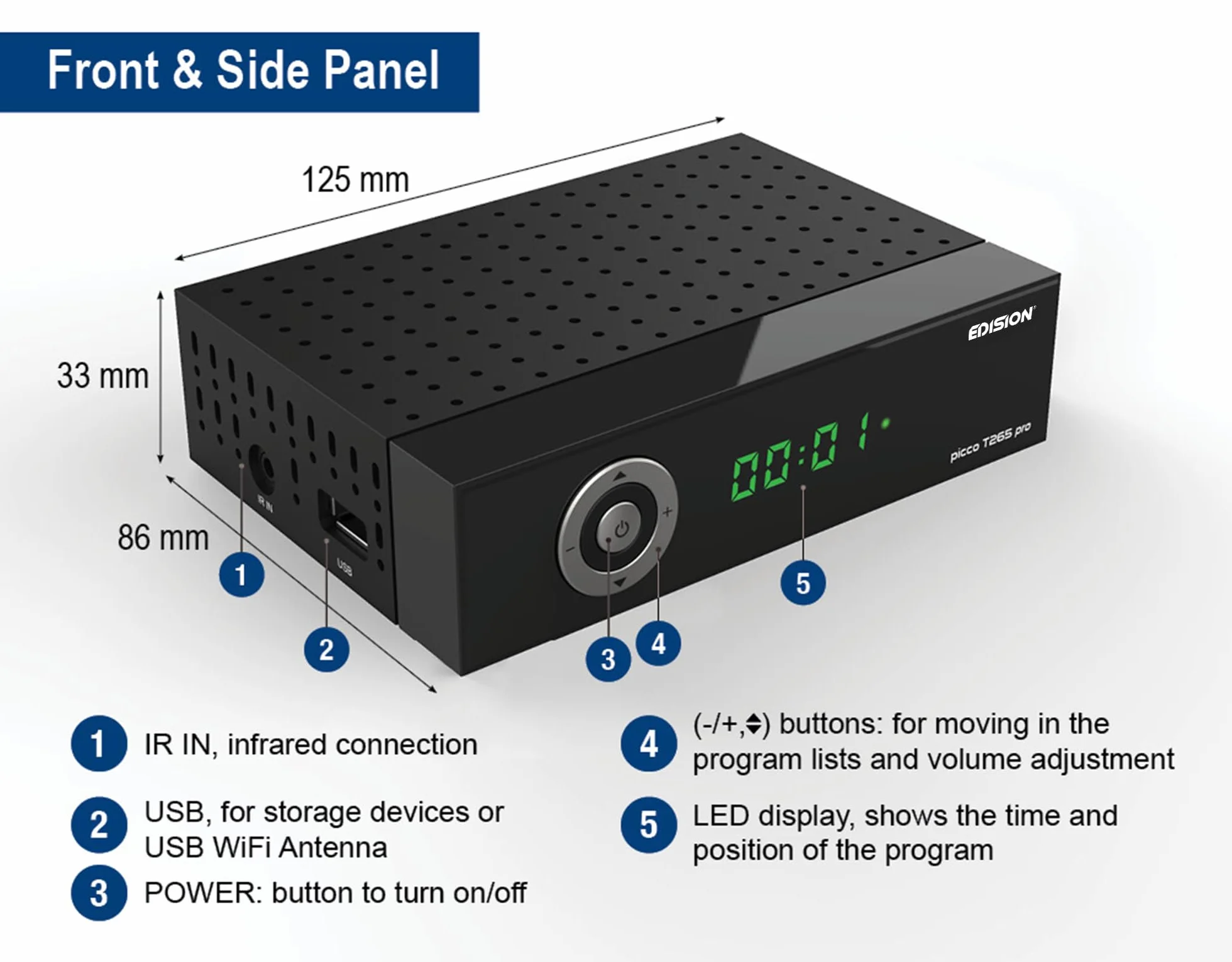 Dekoder dvb-t2 hevc EDISION PICCO T265 pro HD naziemnej i kablowy Odbiornik, DVB-T2/C H.265, FTA, Full HD, PVR, USB, HDMI, SCART, S/PDIF, IR, Obsługa USB WiFi, Uniwersalny pilot 2w1, Zasilacz 2w1