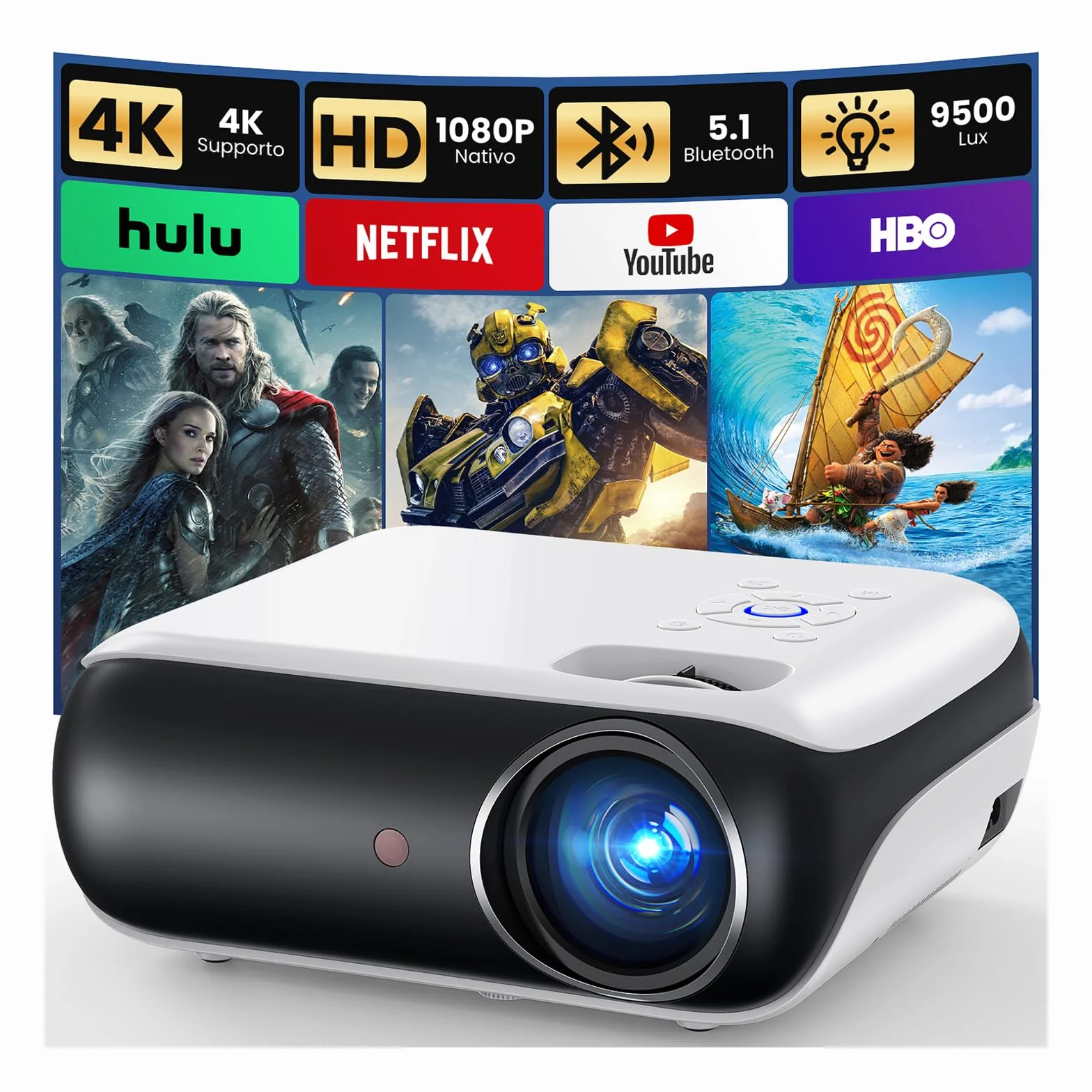 Mini projektor 4K, HAPPRUN H1 Full HD rzutnik z Bluetooth – natywny 1080P przenośny projektor na zewnątrz z głośnikiem, kompatybilny ze smartfonem, HDMI, USB, AV, TV-Stick, PS5 do kina domowego