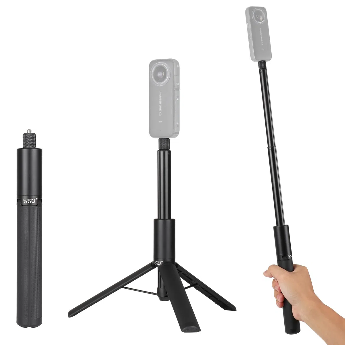 HSU Kij do selfie 120 cm do Insta 360, kij do selfie 2 w 1 + statyw do Insta 360 X5/X4/X3/ONE X2 Hero 13 Hero 12 Black