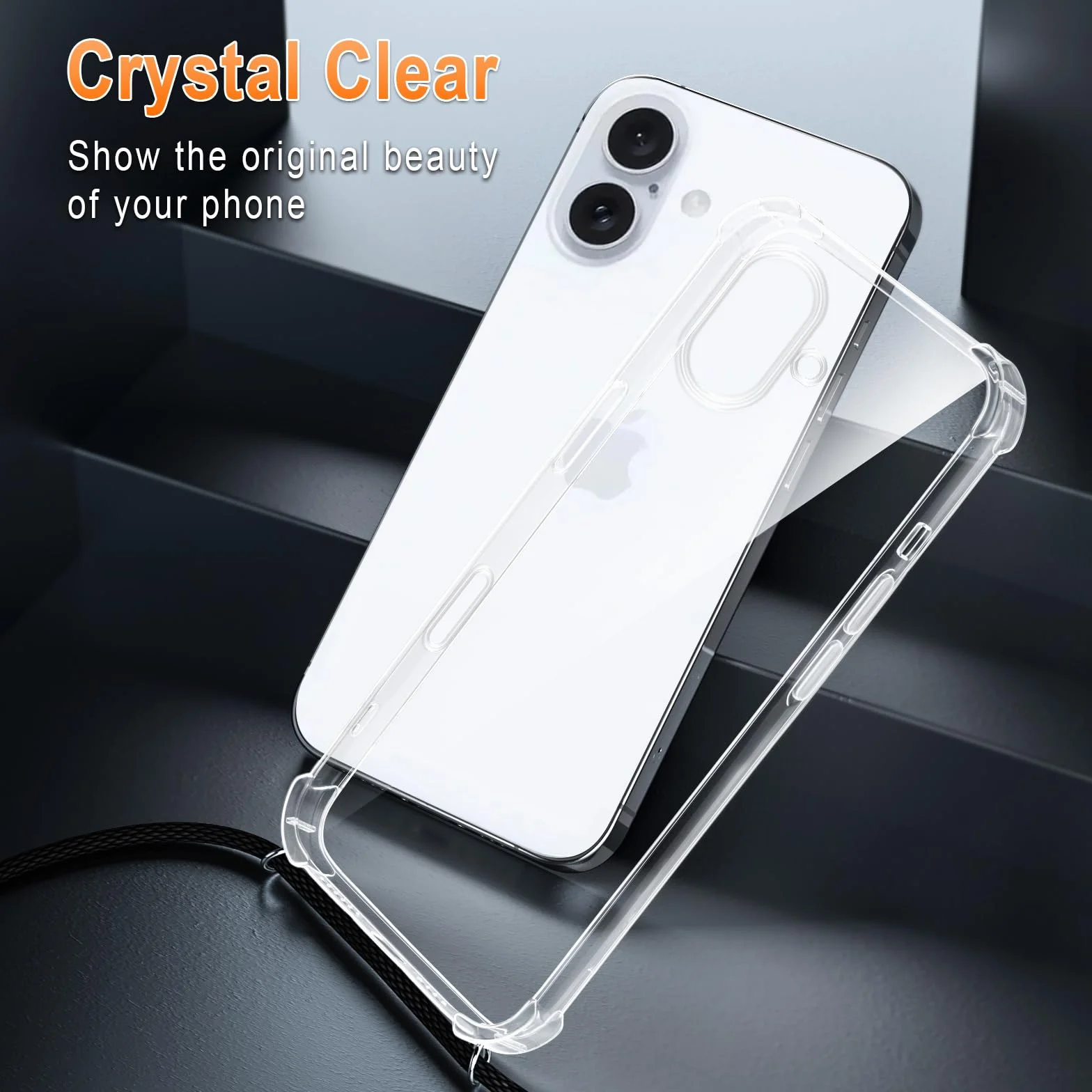 XTCASE Etui na iPhone 16 z paskiem, przezroczyste silikonowe etui na iPhone 16 z łańcuszkiem, odporne na uderzenia - sznurek z etui do zawieszenia w kolorze czarnym