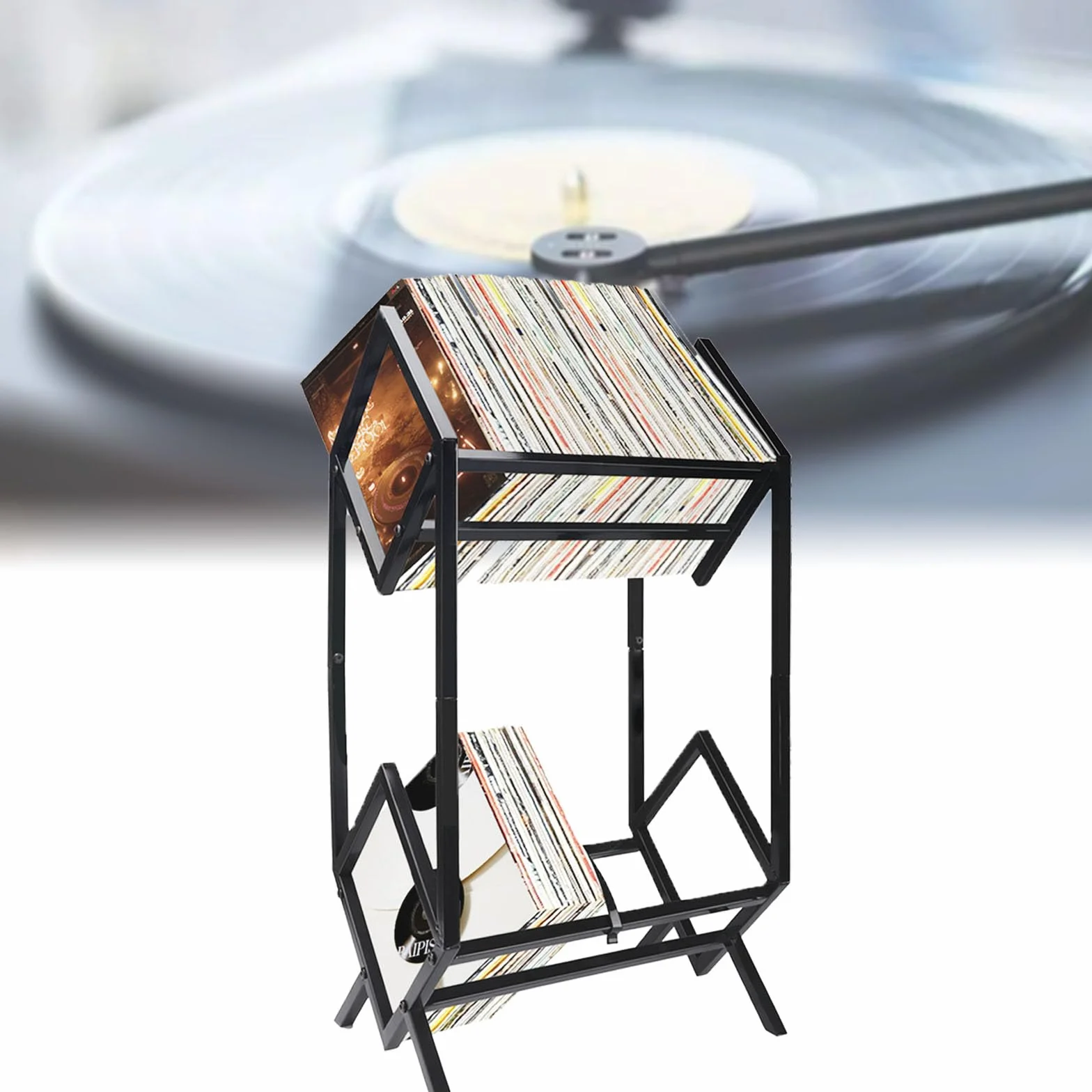 Tefola Regał do przechowywania płyt gramofonowych i książek, 2-poziomowy, retro, metalowy stojak na prezentację albumów LP