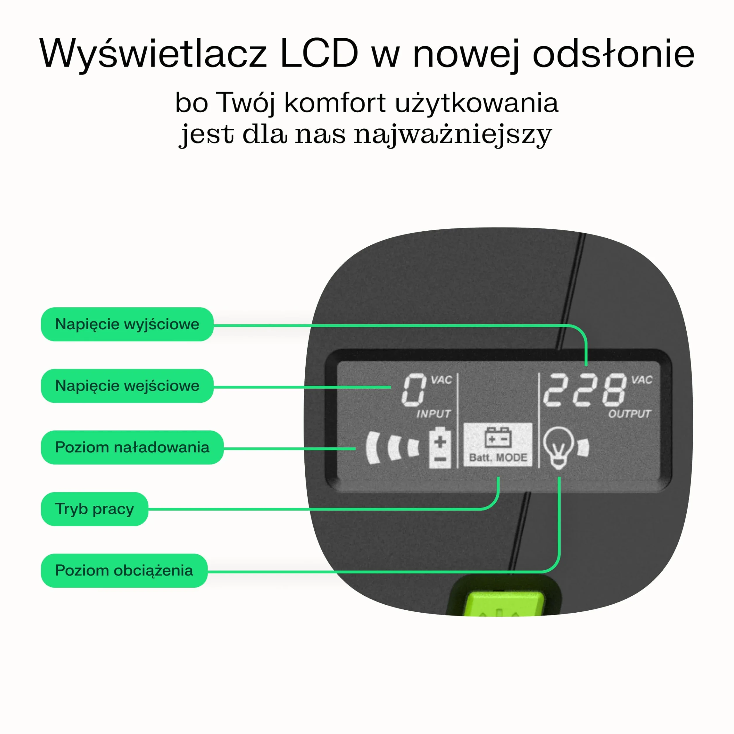 Green Cell UPS 650VA 360W PowerProof z Wyświetlaczem LCD – Zmodyfikowana Fala Sinusoidalna, Ochrona Prądowa Urządzeń, Akumulator 12 V/7 Ah, Ochrona przed Przepięciem, Awaryjne Zasilanie do Urządzeń