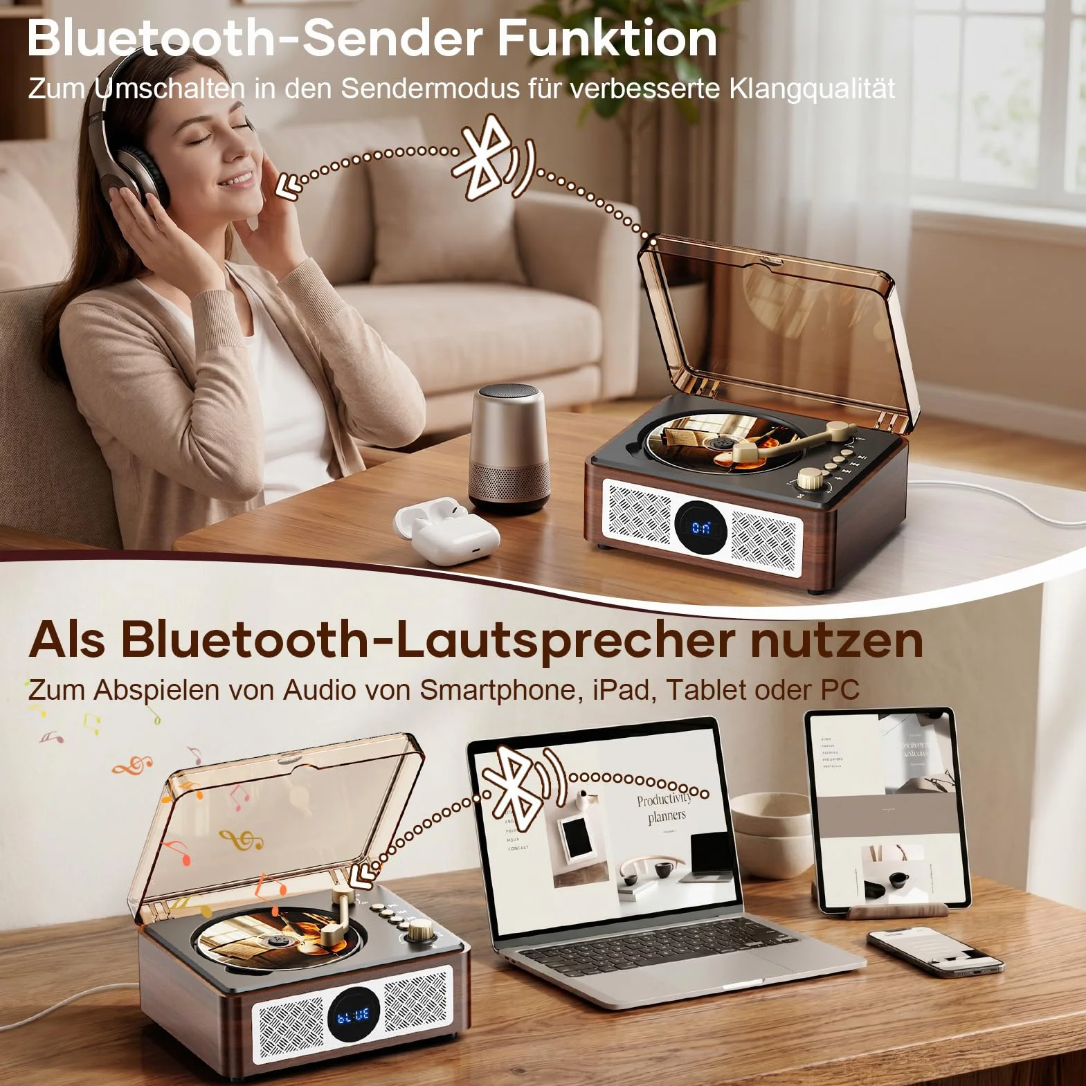 Przenośny odtwarzacz CD Bluetooth z głośnikiem – Lehwey Retro odtwarzacz CD z radiem FM, dźwięk stereo, obsługuje odtwarzanie USB/AUX, odtwarzacz CD w stylu vintage, z pilotem zdalnego sterowania