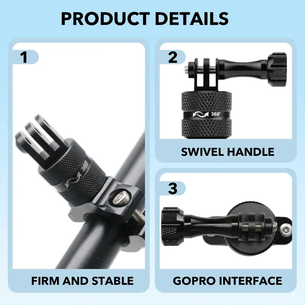 Uniwersalny aluminiowy uchwyt na kierownicę do kamery sportowej - obrót o 360 stopni do roweru i motocykla, pasek mocujący rurę, adapter montażowy (ulepszony model czarny)