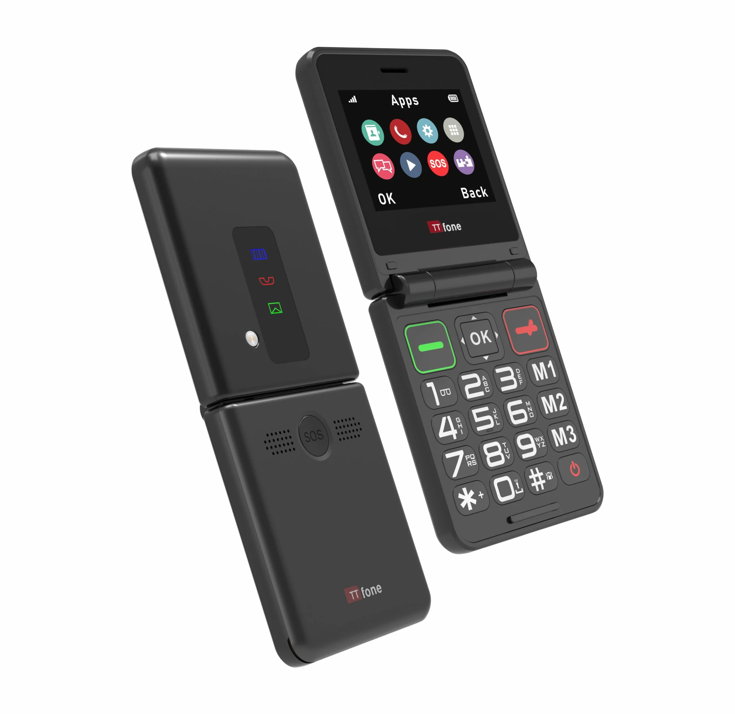 Telefon komórkowy flip dla seniorów z dużymi przyciskami, składany, alarm SOS, długa pracy baterii, 3G i 4G LTE, kolor czarny (z kablem USB)