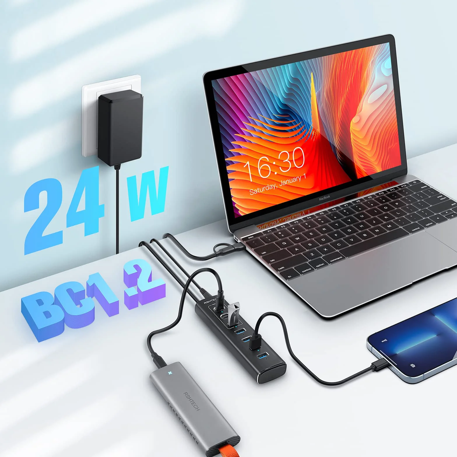 RSHTECH 7-portowy hub USB C 3.2 aktywny 10 Gb/s aluminiowy RSH-A107C