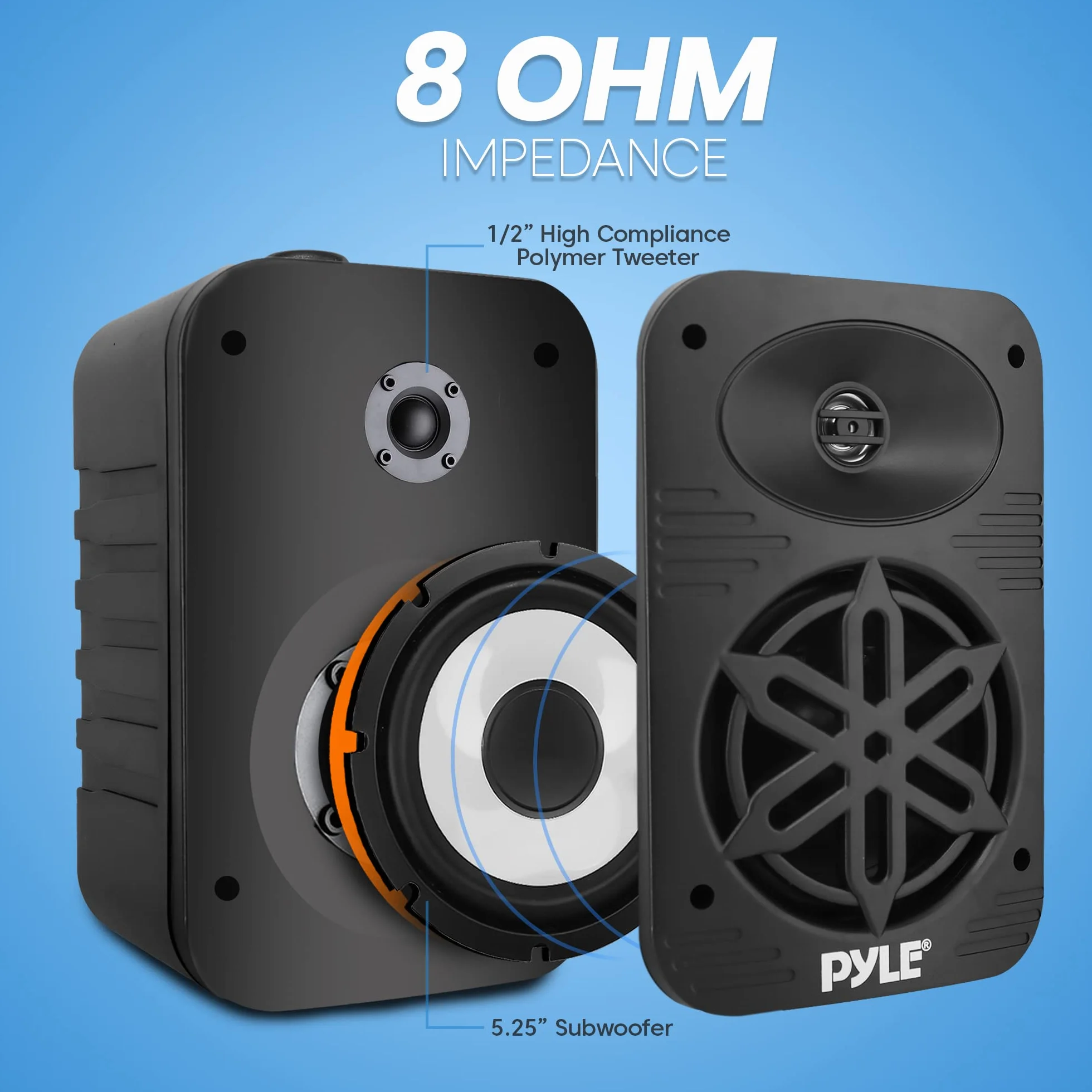 Pyle Indoor Outdoor Speakers Pair - 500 Watt Dual Waterproof 5.25” 2-Way Full Range Speaker System w/ 1/2” High Compliance Polymer Tweeter - In-Home, Boat, Marine, Deck, Patio, Poolside (Black)