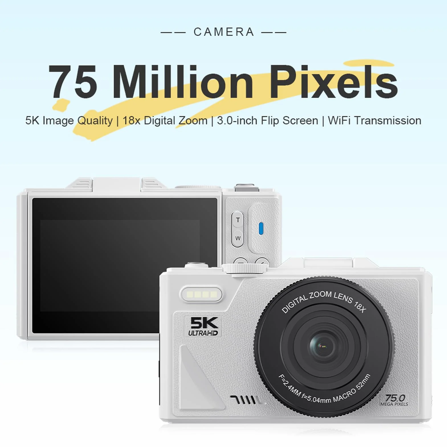 Kamera Cyfrowa 5K do Fotografii, 75MP Wi -Fi Autofocus Vlogging Cameras do YouTube z Ekranem Flip 3 -Cal, 18x Cyfrowy Zoom i Anti Shake, Aparat Wideo Obsługuje kartę 128G