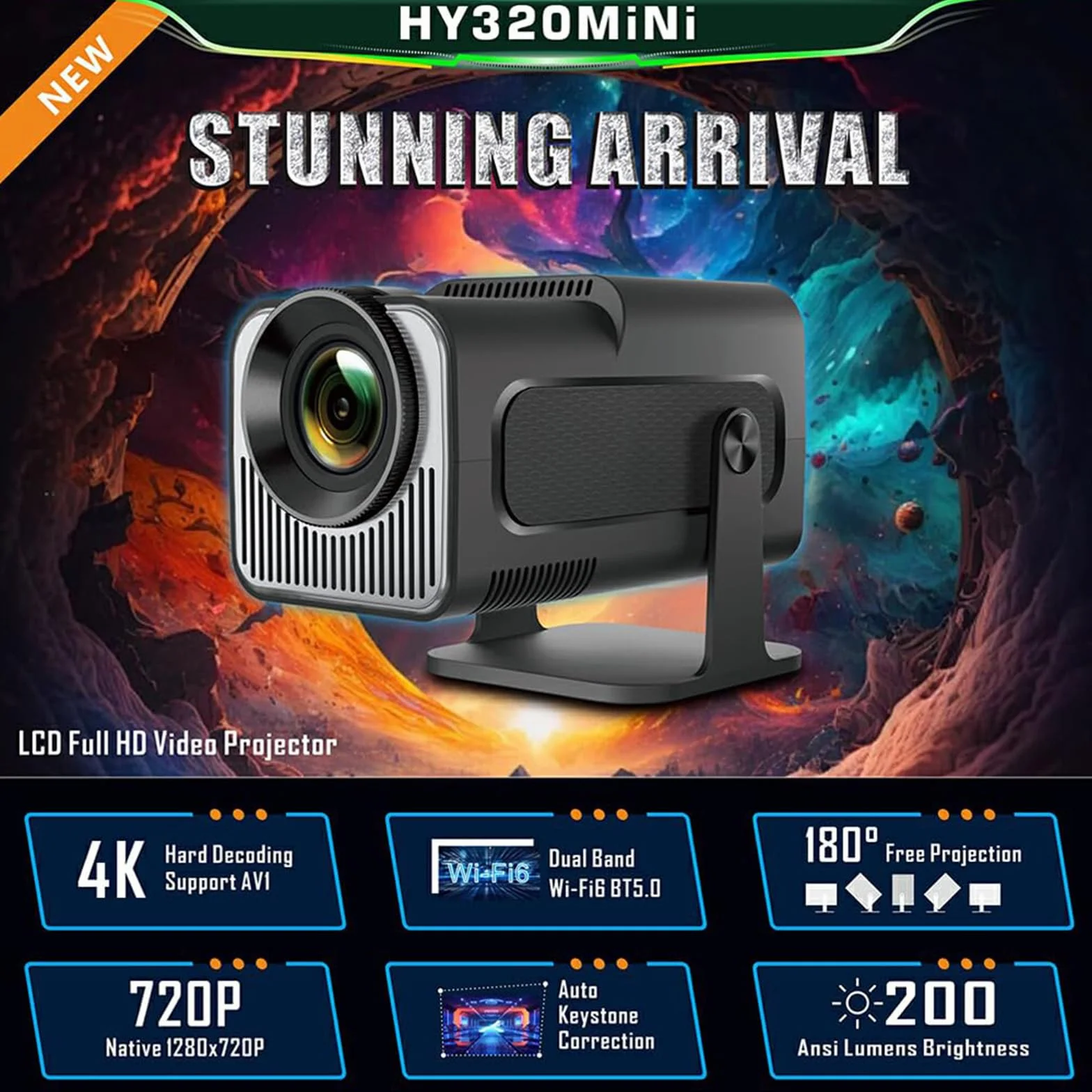 Mini przenośny projektor HY320, mini projektor 4K, inteligentny projektor 200 ANSI z systemem Android 11.0, automatyczną korekcją trapezu, Wi-Fi 6 i Bluetooth 5, ekran 30"-130", obrót o 180°