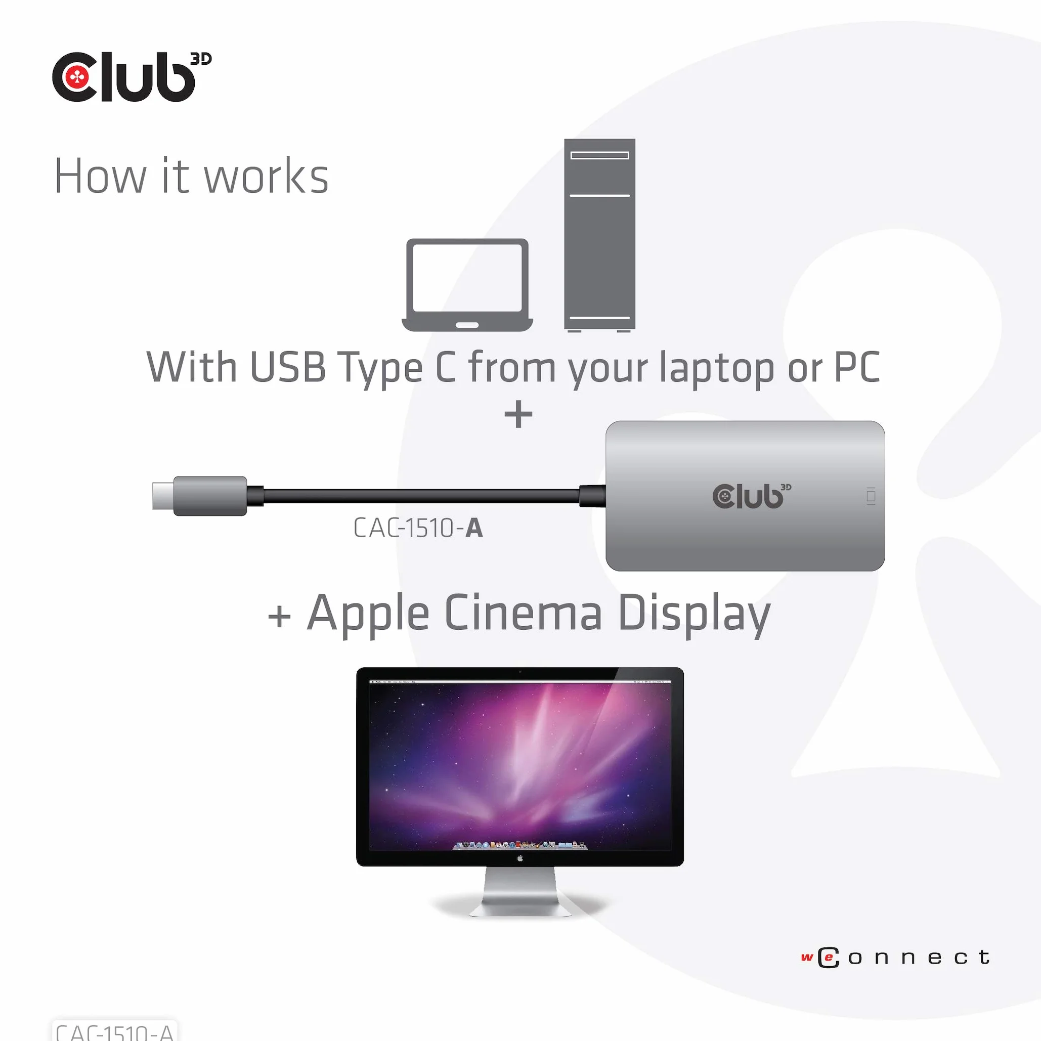 Club 3D 3D Gen1 Type-C na Dual Link DVI-D HDCP Off Version Aktywny adapter S/B do wyświetlaczy Apple Cinema Displays, CAC-1510-A