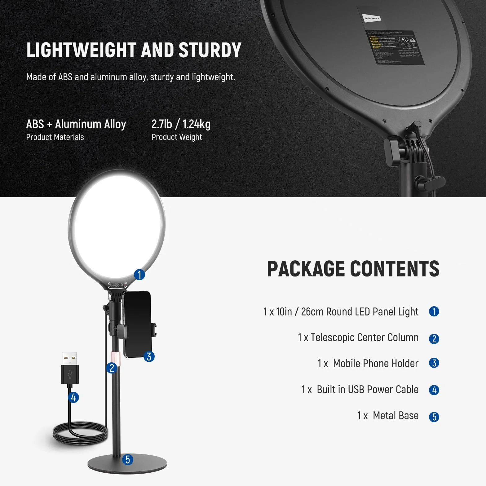 NEEWER Basics 10,5" lampka na biurko w stojak/uchwyt na telefon/timer, Full Screen 15 W przyciemniany panel LED do selfie oświetlenie do nagrywania iPhone streaming, laptopa, kamera internetowa, wideo