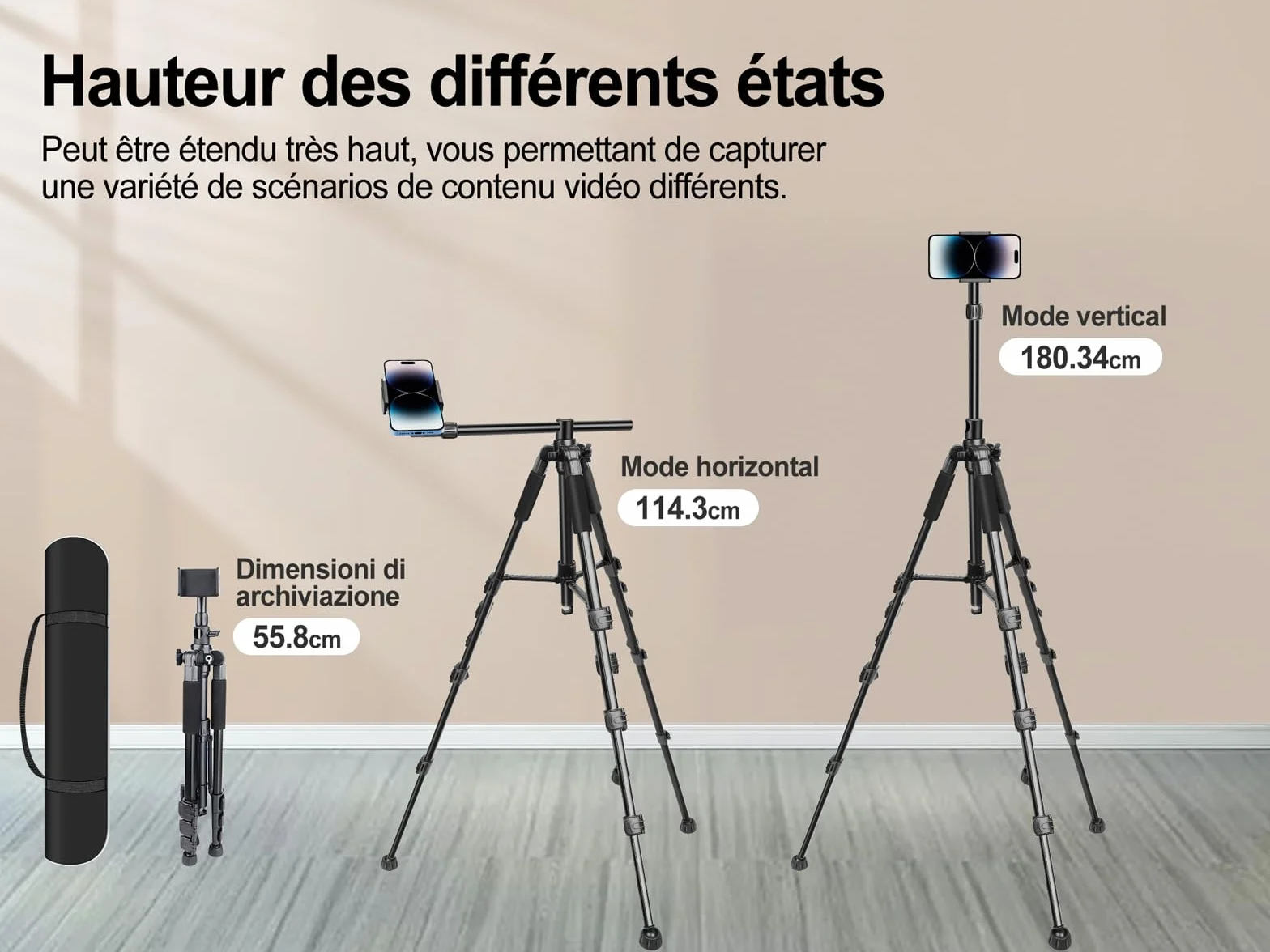 Elitehood Statyw na Telefon 180 cm, Tripod z Regulacją Kąta 360 Stopni, Uchwyt 63 cm