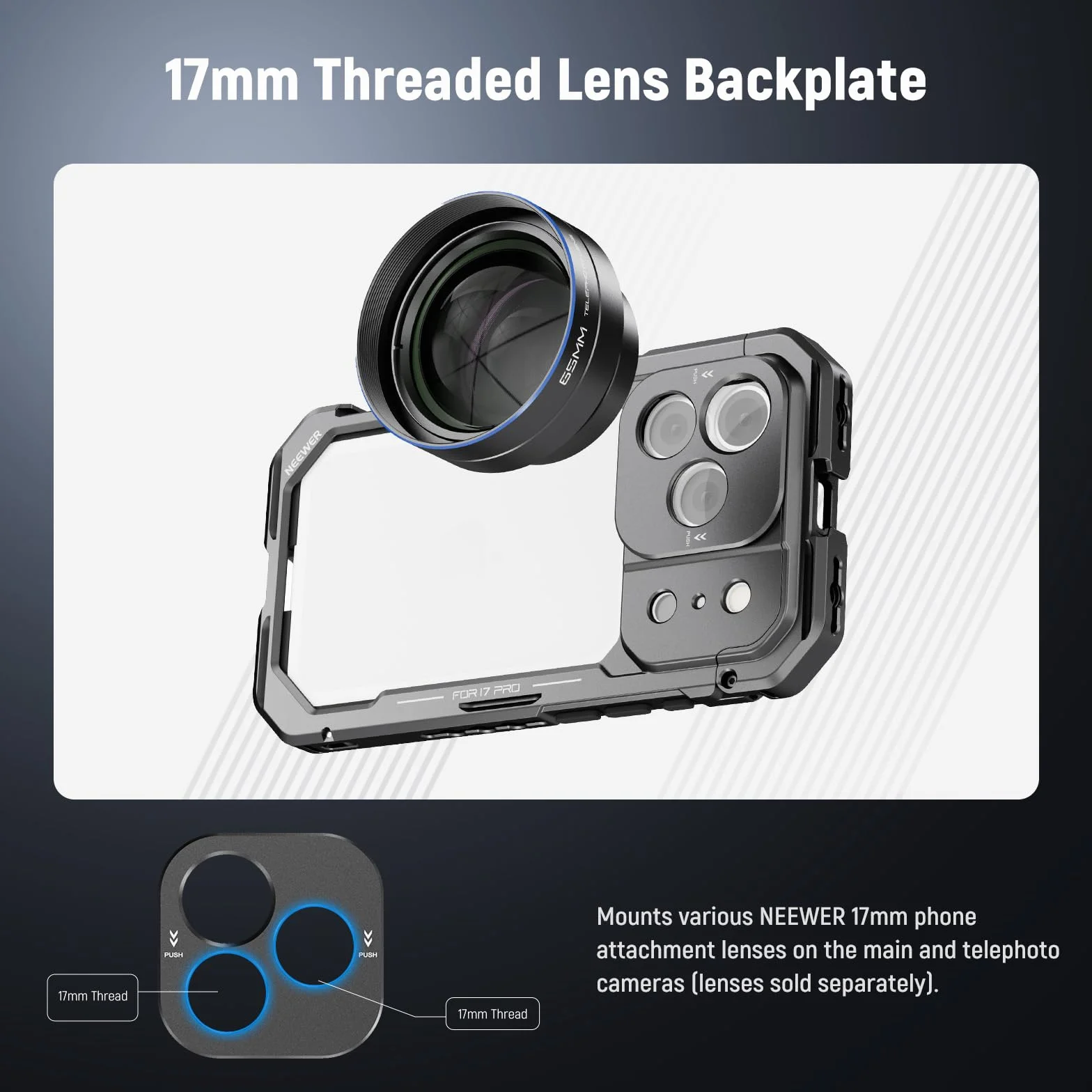 NEEWER Klatka na telefon kompatybilna z iPhone 17 Pro, akcesoria do stabilizatora wideo Quick Release z pierścieniem filtrującym 67 mm, tylna płyta obiektywu 17 mm, adapter montażowy