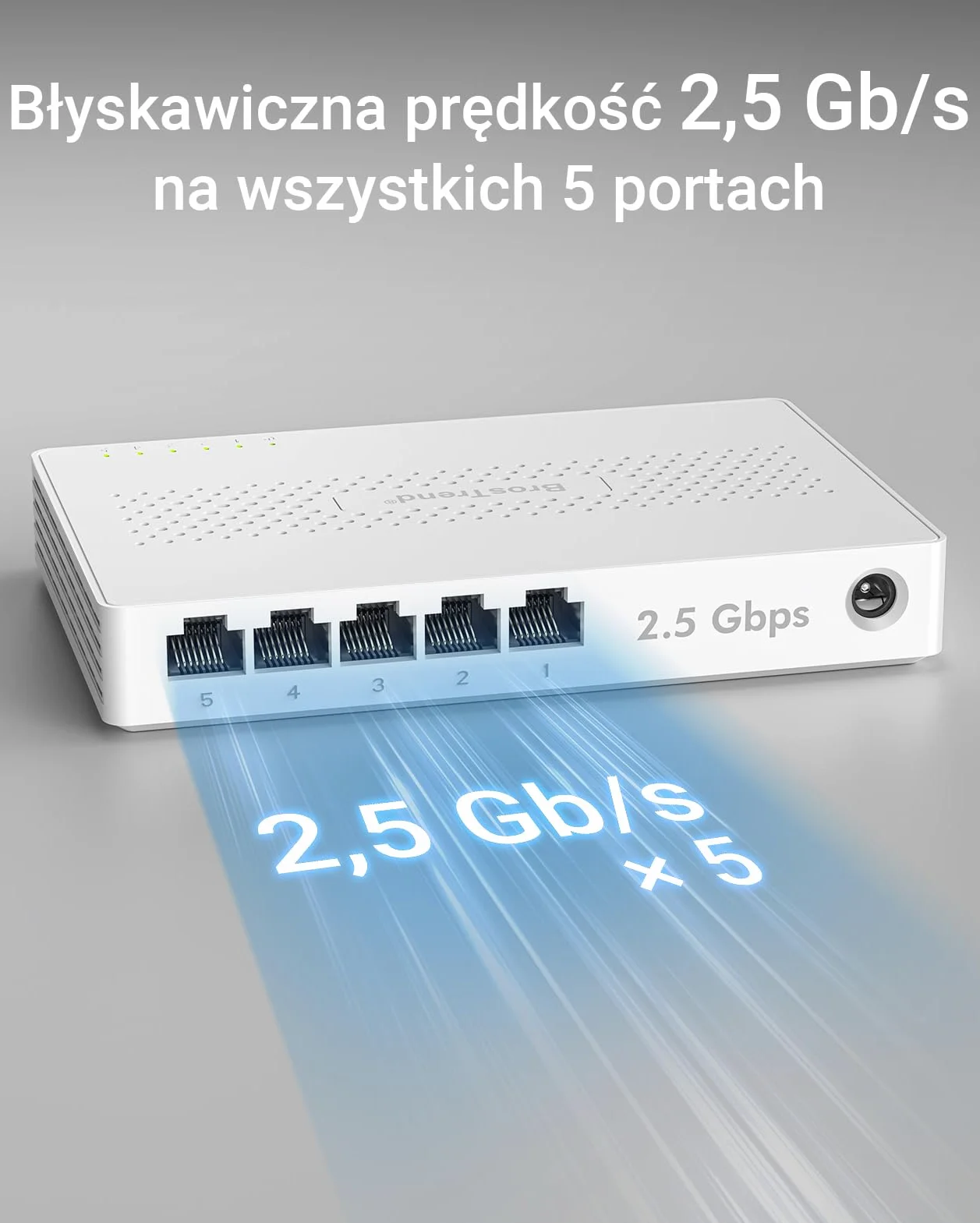 BrosTrend Przełącznik 5 portów 2,5 GB, niezarządzany przełącznik Ethernet do konsoli do gier, komputera, NAS itp. Przełącznik sieciowy 2,5 Gigabit bez wentylatora Plug & Play, dożywotnia ochrona
