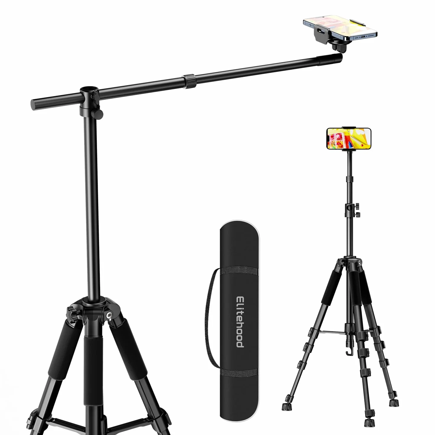 elitehood Statyw do telefonu do nagrywania wideo z góry – ulepszony poziomy regulowany statyw 150 cm do iPhone'a z 64 cm długim wysuwanym ramieniem, obrotowy o 360° uchwyt stojaka na iPhone'a do