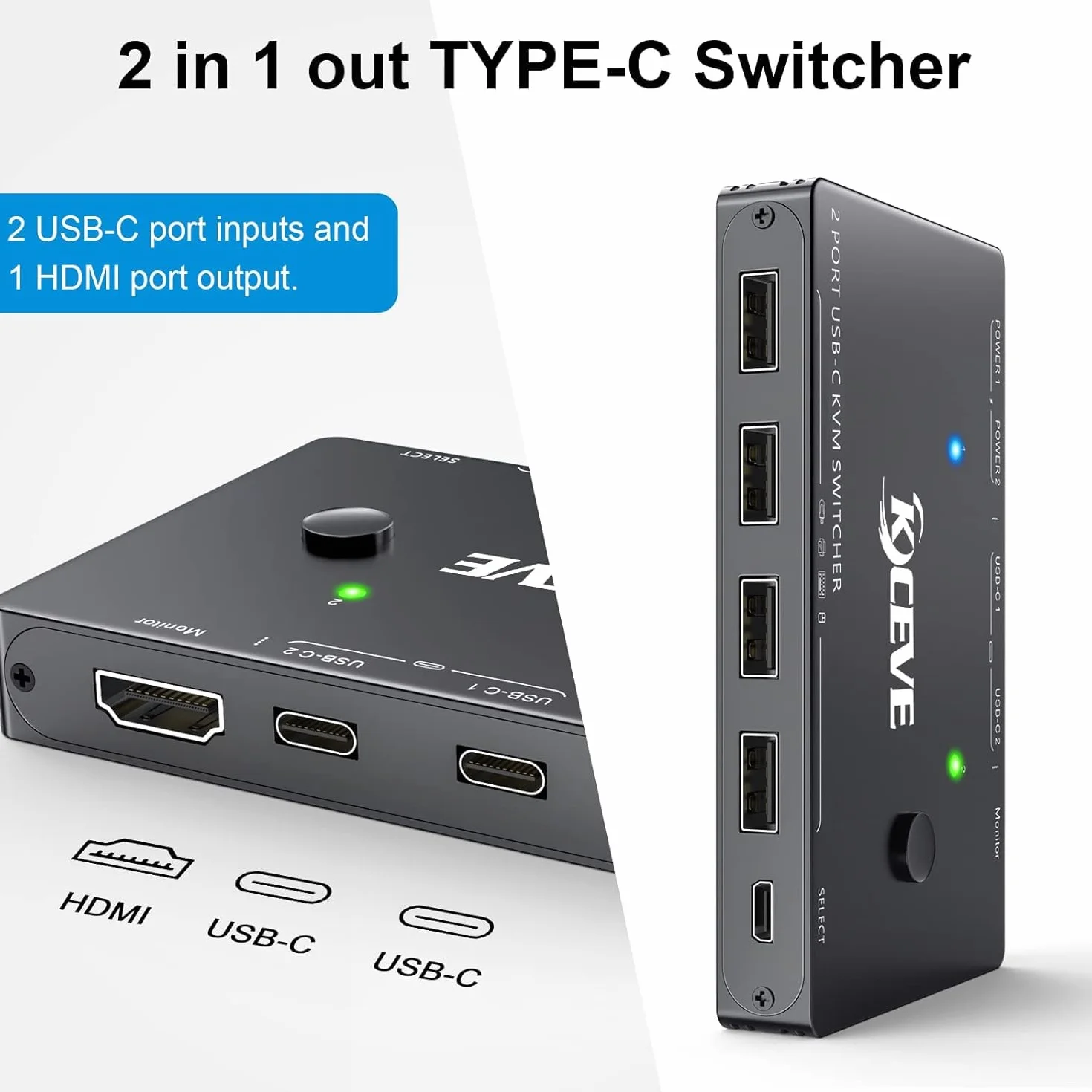 Przełącznik USB-C KVM do 2 komputerów typu C, przełącznik USB typu C KVM obsługuje 4K @ 60 Hz, dzielenie klawiatury, myszy i monitora, obsługuje szybkie ładowanie 87 W PD