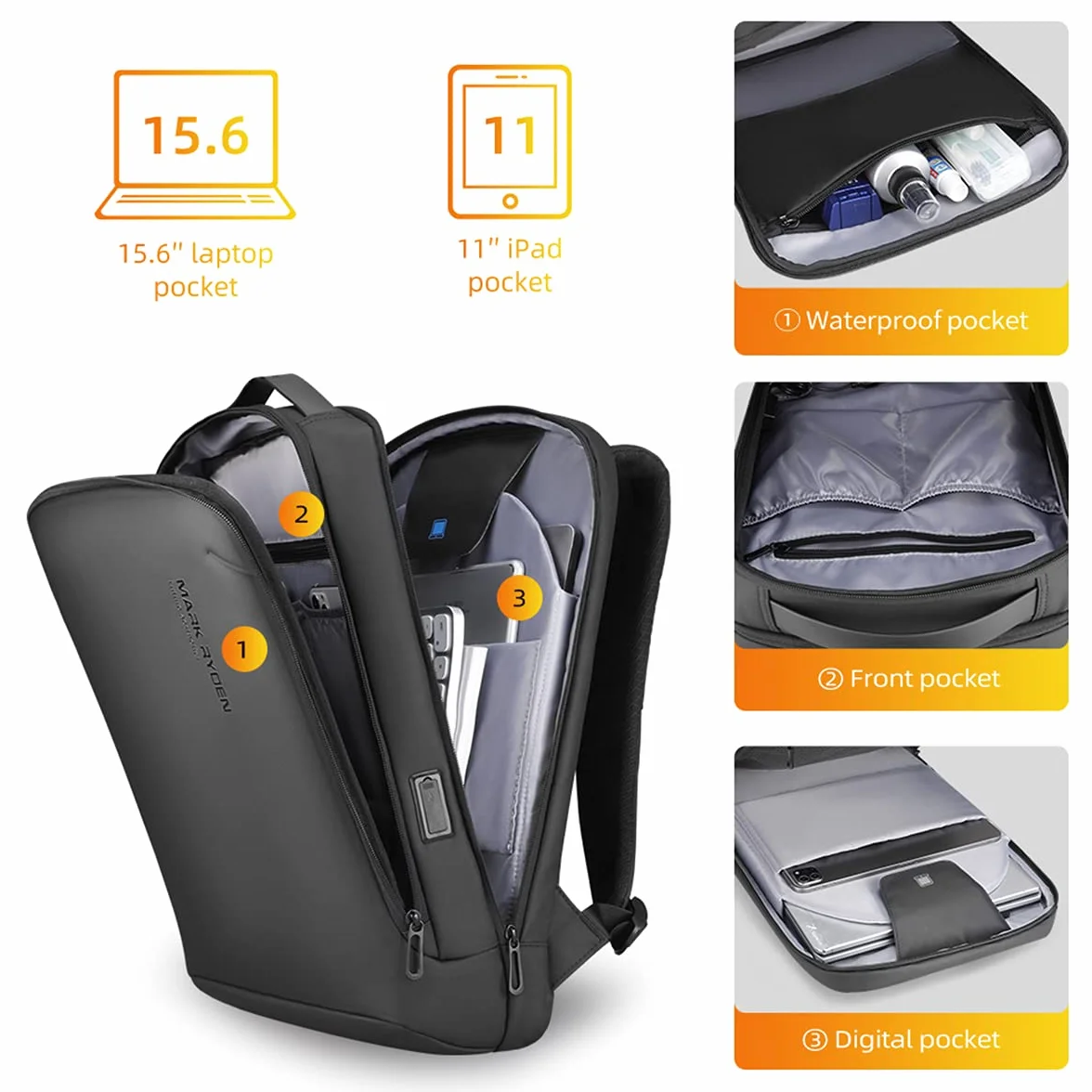 MARK RYDEN Plecak na Laptopa, Wodoodporny 15,6 cala Torba na Laptopa z Portem ładowania USB torba Robocza Antykradzieżowy Plecak Podręczny Easyjet plecak dla mężczyzn, kobiet