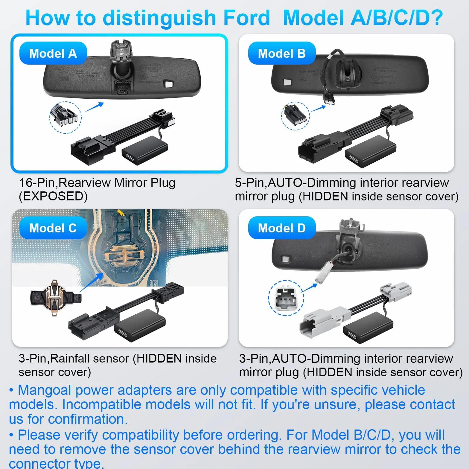 Dashcam Power Adapter Custom for Ford 16 Pin (Model A) for F150/F250/F350 Explorer Bronco and etc,Hide The Wires,GPS Radar Mirror Camera Dash Cam Adapte,Connects to Rearview Mirror(Exposed)