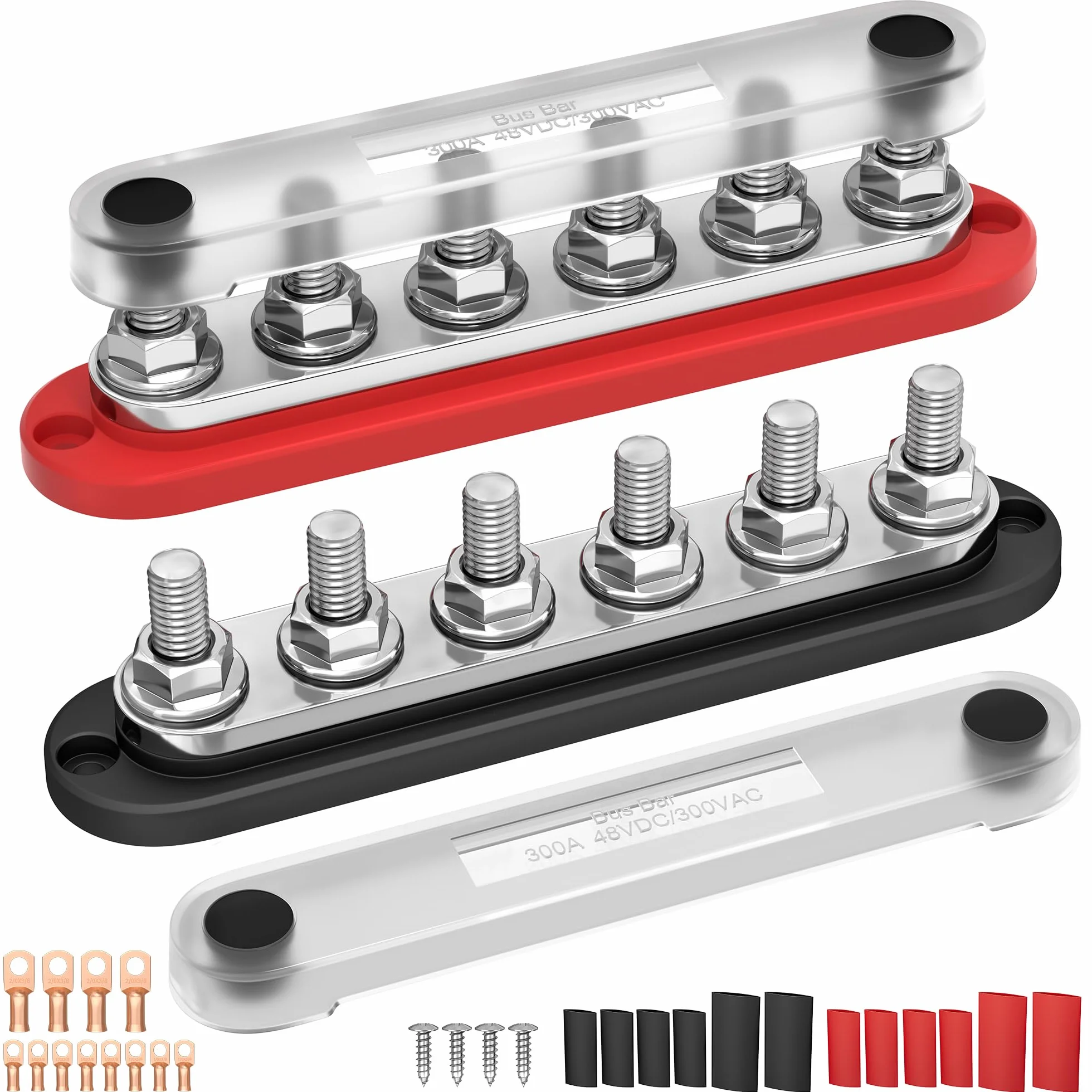Joinfworld Szyna zbiorcza Busbar 12 V, 300 A blok rozdzielający zasilanie, morski blok rozdzielaczy zasilania z osłoną, 6 x 3/8", do 300 V AC 48 VDC, szyna dodatnia i masa do samochodu, łodzi (BB300
