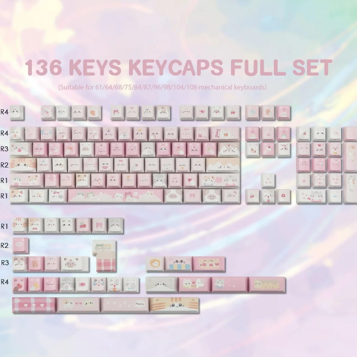 Nasadki klawiszy PBT – zestaw nasadek klawiszy z nadrukiem bocznym, 136 klawiszy Shine Through Meow Squad, niestandardowe nasadki klawiszy z motywem kota, Cherry Profile Keycap do klawiatur