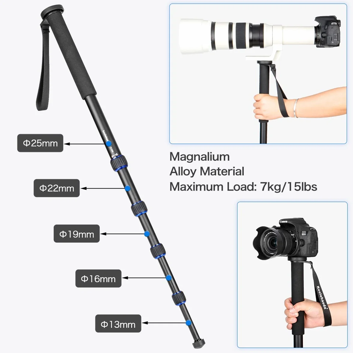 Koolehaoda Rozciągliwy Monopod do Aparatu Fotograficznego Ze Stopu Aluminium Z Podstawką Do Statywu, 5-Sekcyjny 52 cm-168 cm Regulowany Do Aparatów SLR Kamer Wideo, Ładowność Do 7 kg