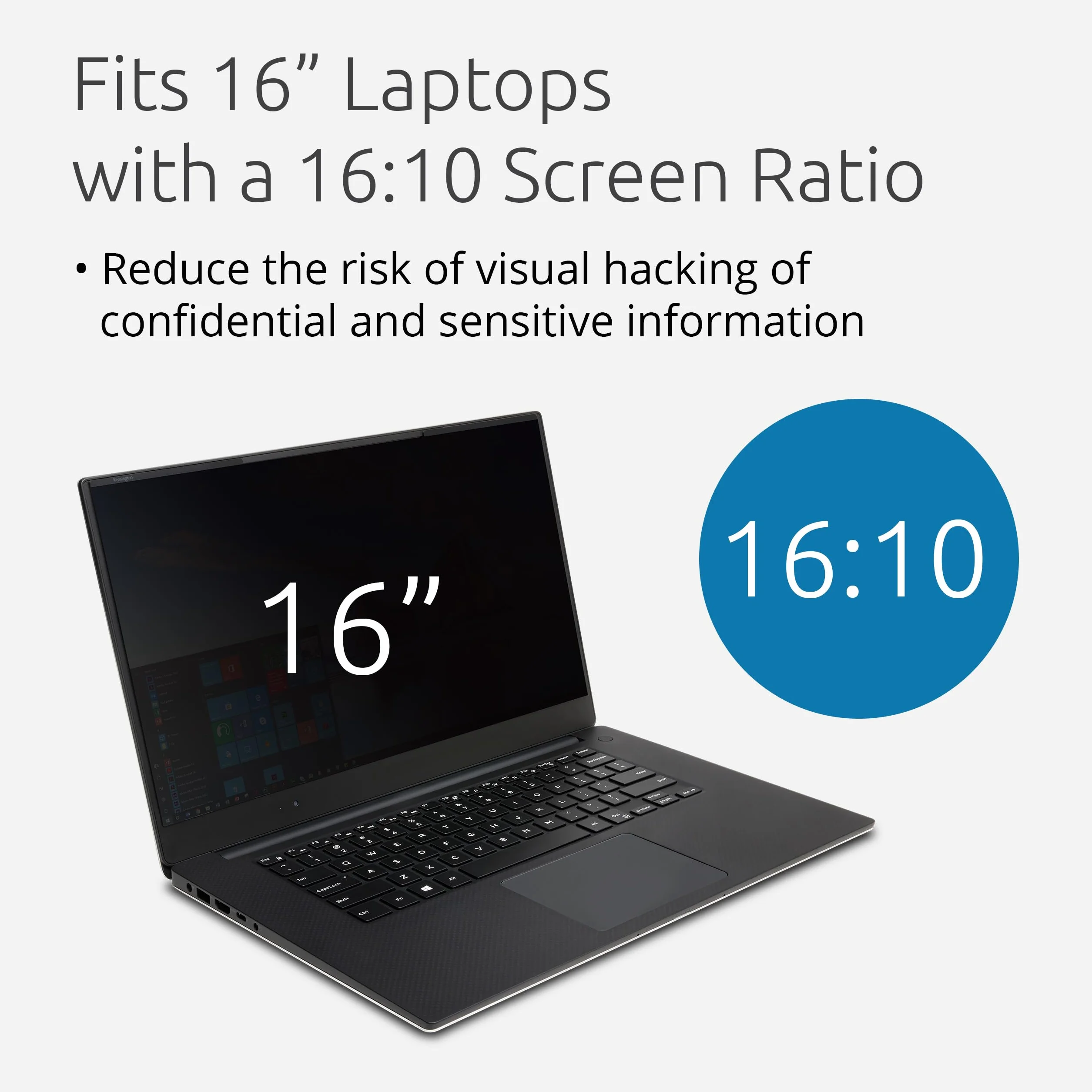 Filtr Prywatyzujący Kensington do laptopów 16'' 16:10, zdejmowany, matowa lub błyszcząca strona, z funkcją antyrefleksu i redukcji niebieskiego światła, zapobiegający zmęczeniu oczu - 628969