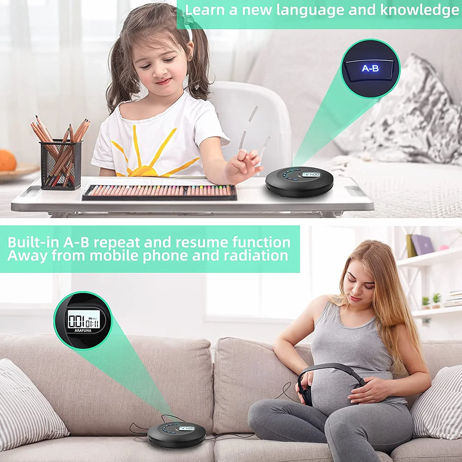 Portable Rechargeable CD Player with Anti-Skip, LCD Display, AUX, Headphones for Car Travel