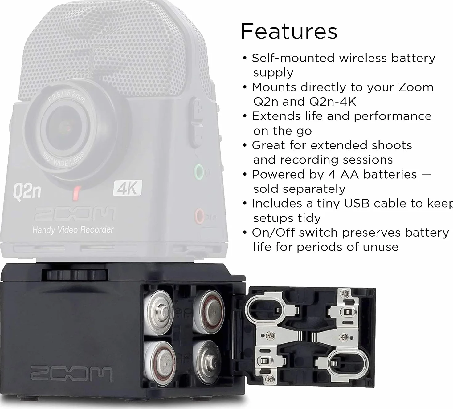 ZOOM BCQ-2n Obudowa baterii do Q2n/Q2n-4K – Czterokrotne wydłużenie czasu nagrywania