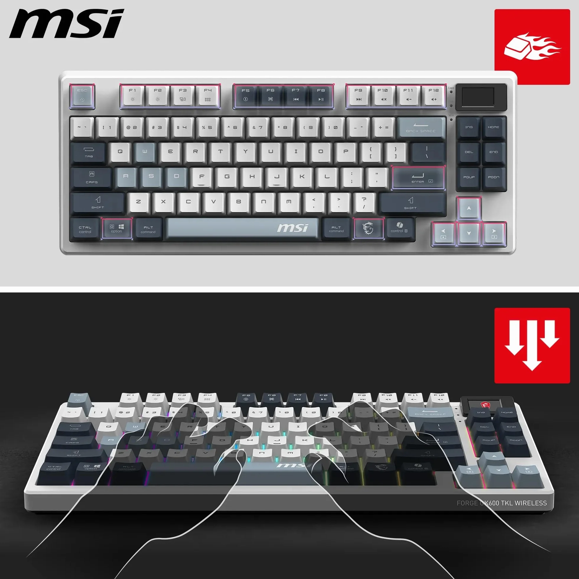 MSI Forge GK600 TKL Wireless Sky FR - AZERTY Mechaniczna klawiatura z przełącznikiem liniowym - sublimacyjne drukowane klawisze PBT, antypoślizgowy spód, LED RGB, USB 2.0, Bluetooth, 2.4 GHz