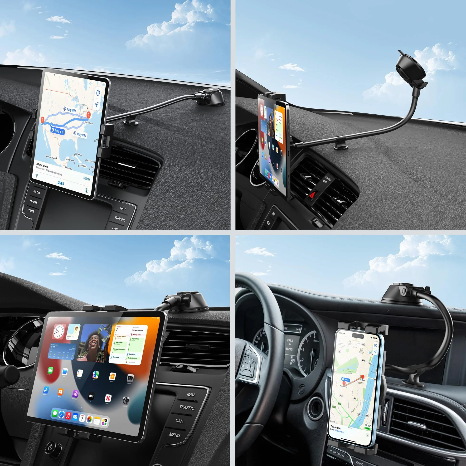 Uchwyt na tablet do samochodu, na deskę rozdzielczą i iPada, mocną przyssawkę do tabletów 4,5-12,9", iPad Pro, Galaxy Tab, iPhone 15 14 Galaxy S25 S24 Z Fold 5 4