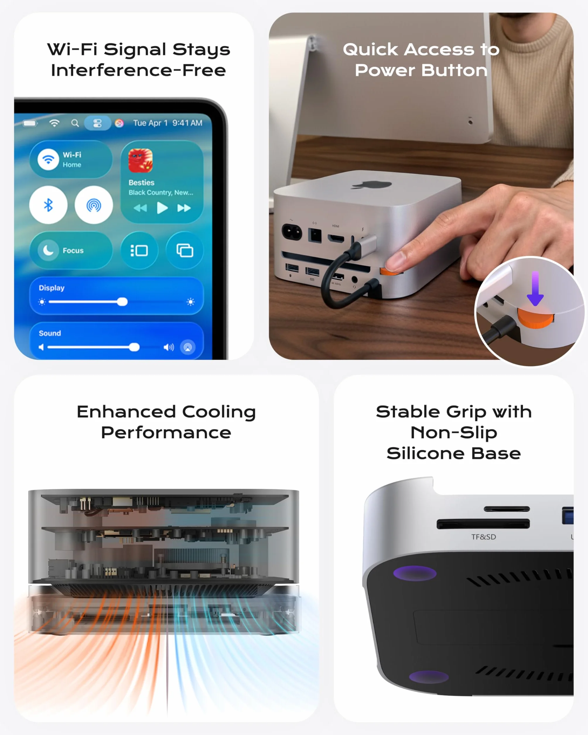 Stacja dokująca Stouchi Mac mini M4 z obudową SSD NVMe, podstawką i hubem M4 z 2 portami USB A 10 Gb/s, czytnikami kart SD/TF, HDMI 4K@60HZ, 2 portami USB A do transmisji danych, gniazdem audio 3,5 mm