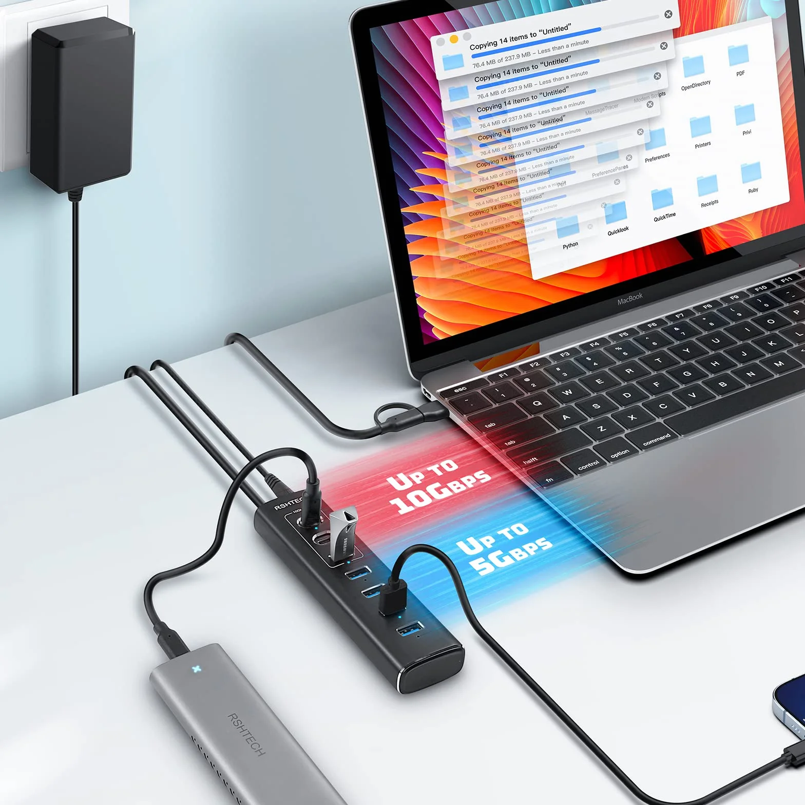 RSHTECH 7-portowy hub USB C 3.2 aktywny 10 Gb/s aluminiowy RSH-A107C