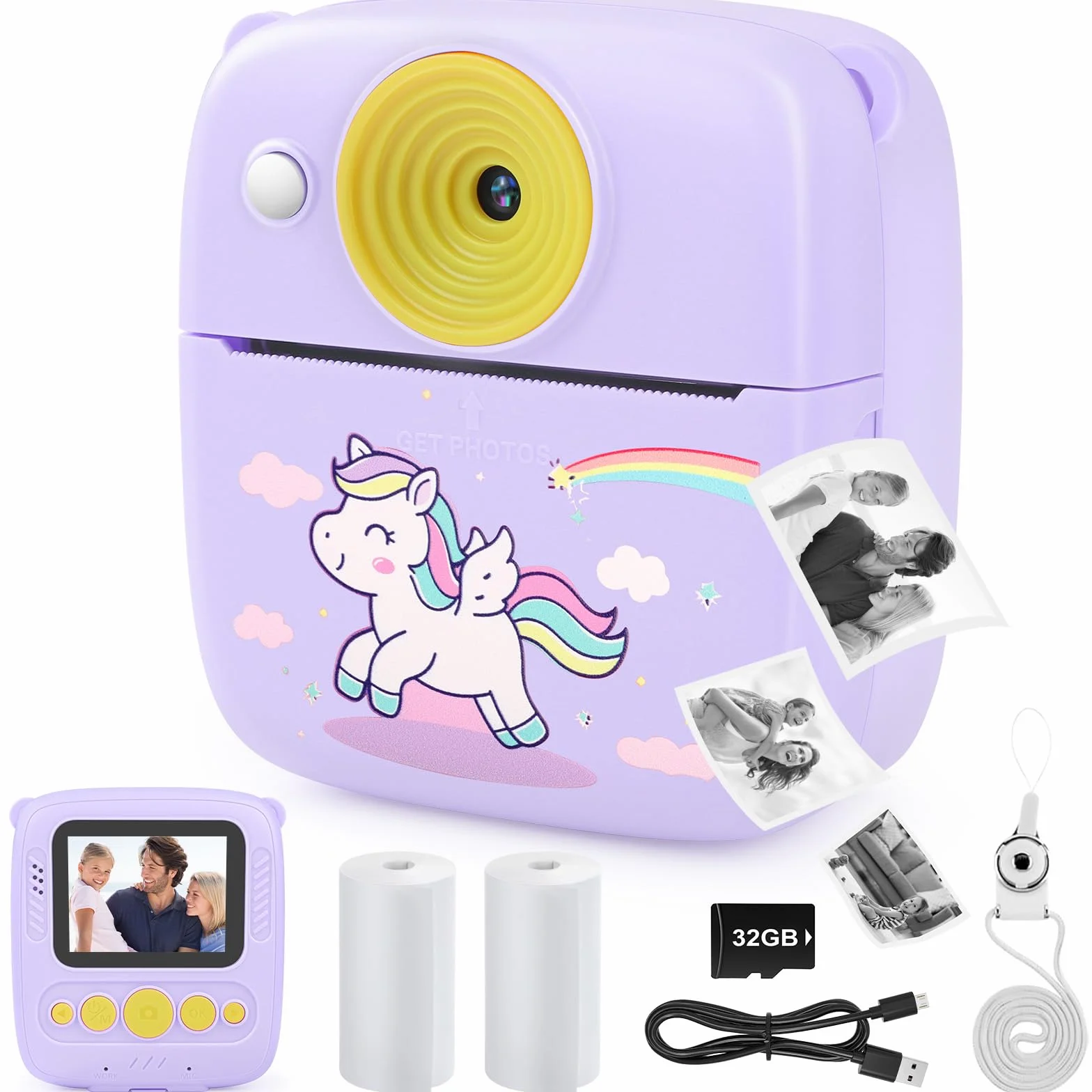 Aparat natychmiastowy dla dzieci, aparat natychmiastowy 48 MP dla dzieci z kartą 32 GB i papierem do drukowania, aparat cyfrowy dla dzieci 1080P, prezent dla chłopców - fioletowy