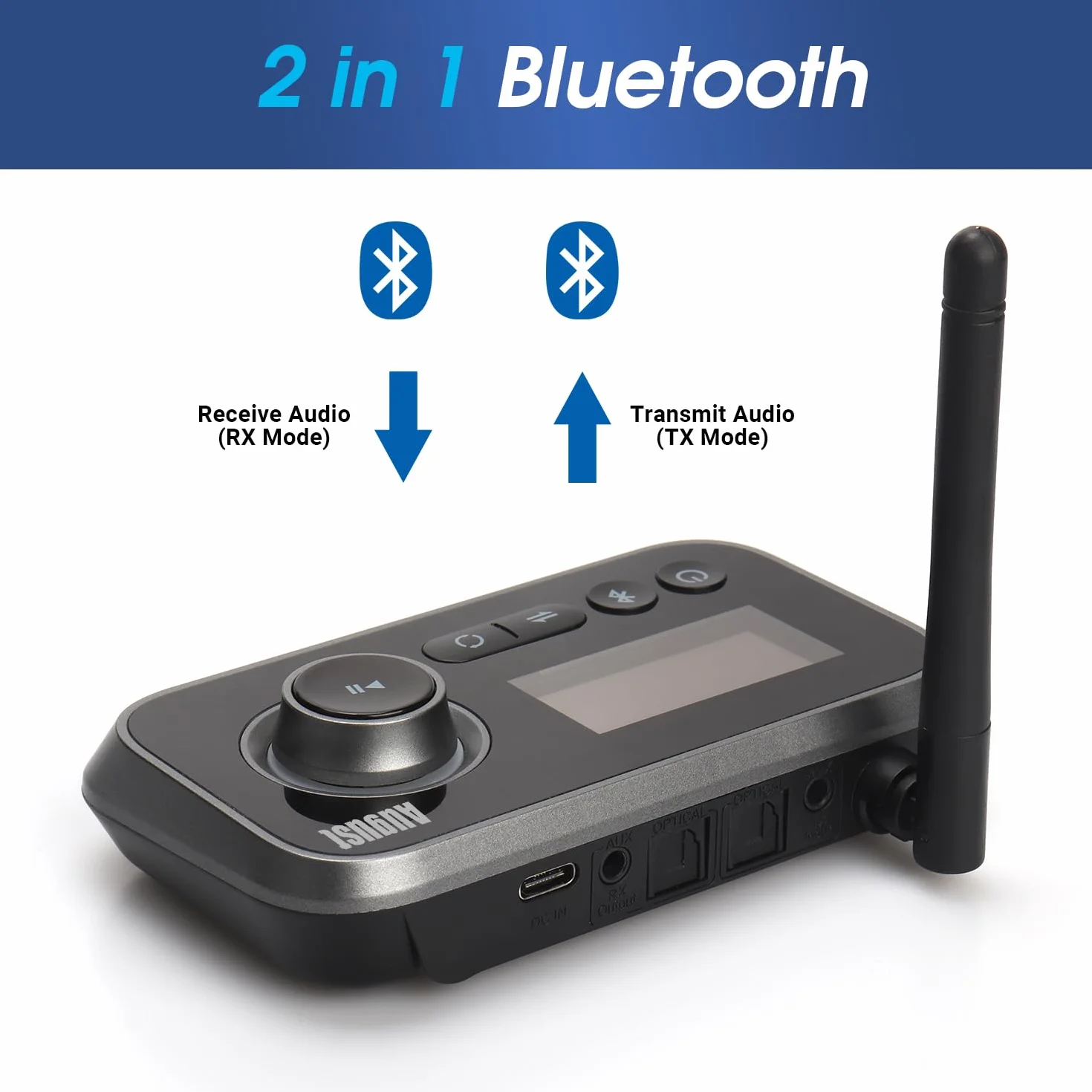 August MR280 Podwójny Nadajnik Odbiornik Audio Bluetooth do telewizora Słuchawek i HiFi – Multipoint, Bluetooth 5, stereo, gniazdo optyczne RCA 3,5 mm Zasilany z sieci USB-C dla 2 urządzeń