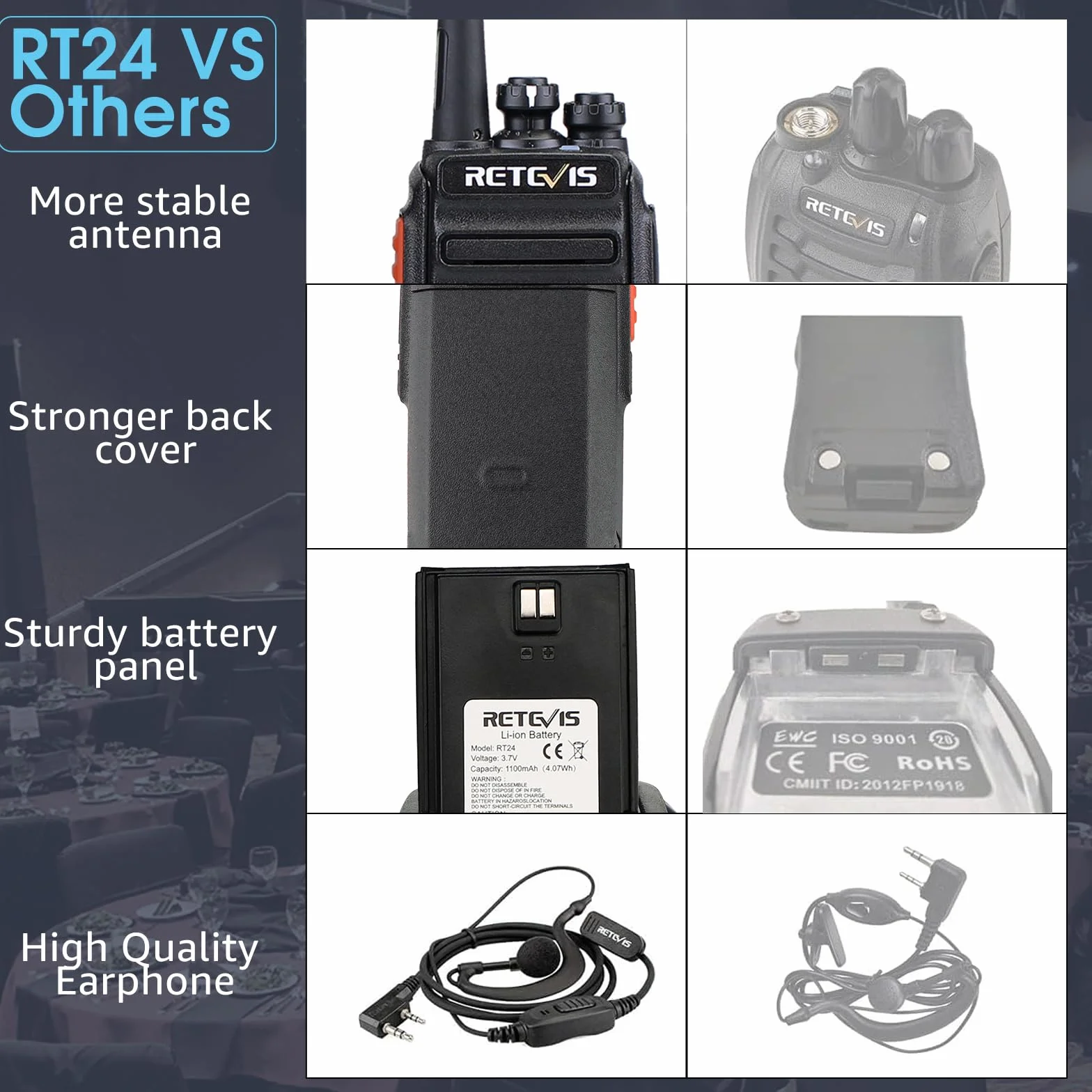 Retevis RT24 Walkie Talkie, Krótkofalówki PMR446 bez Licencji, Profesjonalne Walki Talki z Dużym Zasięgiem, Wytrzymały VOX Radiotelefon ze Słuchawkami, na Dorosłych Kemping Domowe(czarny, 1 para)