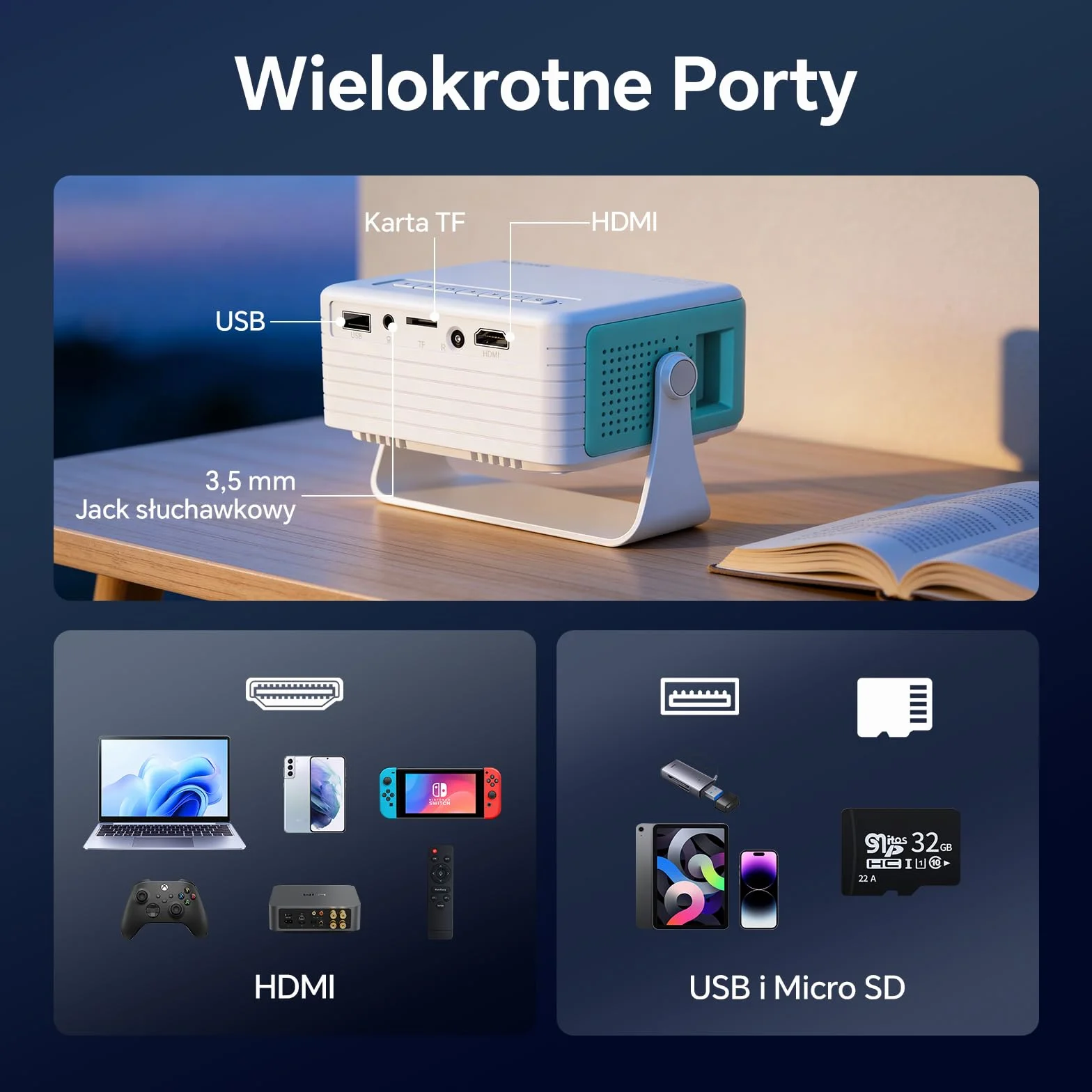 WOLFANG Mini Projektor, Przenośny Projektor z Obsługą Wejścia 1080P, Natywna Rozdzielczość 720P, Automatyczna Korekcja Keystone, Zoom 50% i Obrót 180°, Kompatybilny z iOS/Android/Laptopem/TV Stick