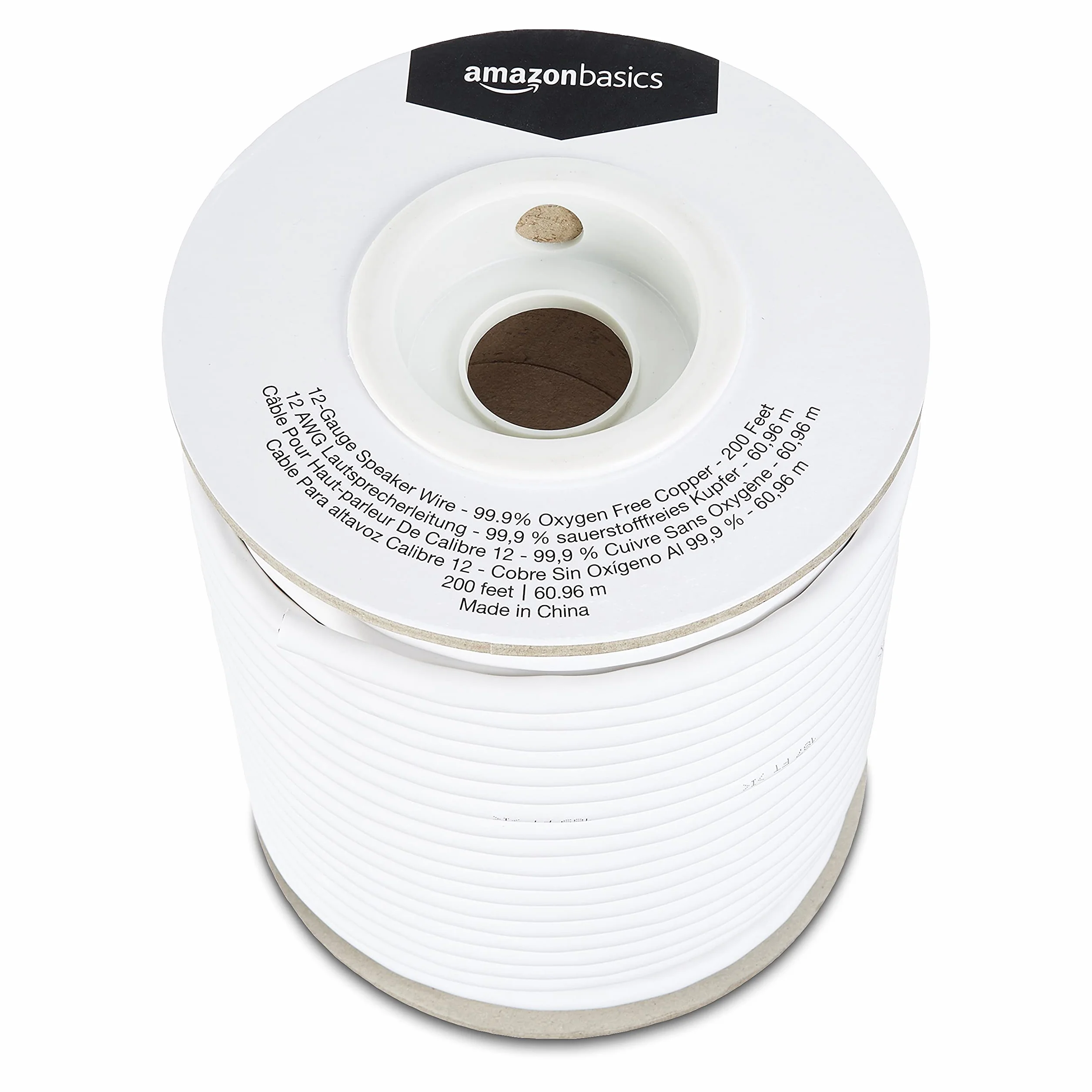 Amazon Basics kabel głośnikowy 12 AWG (2,05 mm), 99,9% miedzi beztlenowej, 61 m, biały,