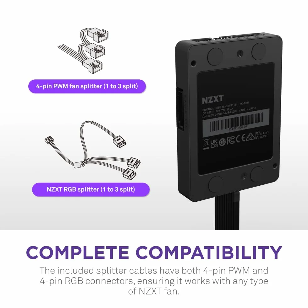 NZXT Control Hub - Cyfrowe sterowanie oświetleniem RGB i prędkością wentylatorów PWM - Sterowanie do 5 wentylatorami PWM lub 4 wentylatorami NZXT Single-Frame - Zasilane przez oprogramowanie NZXT CAM