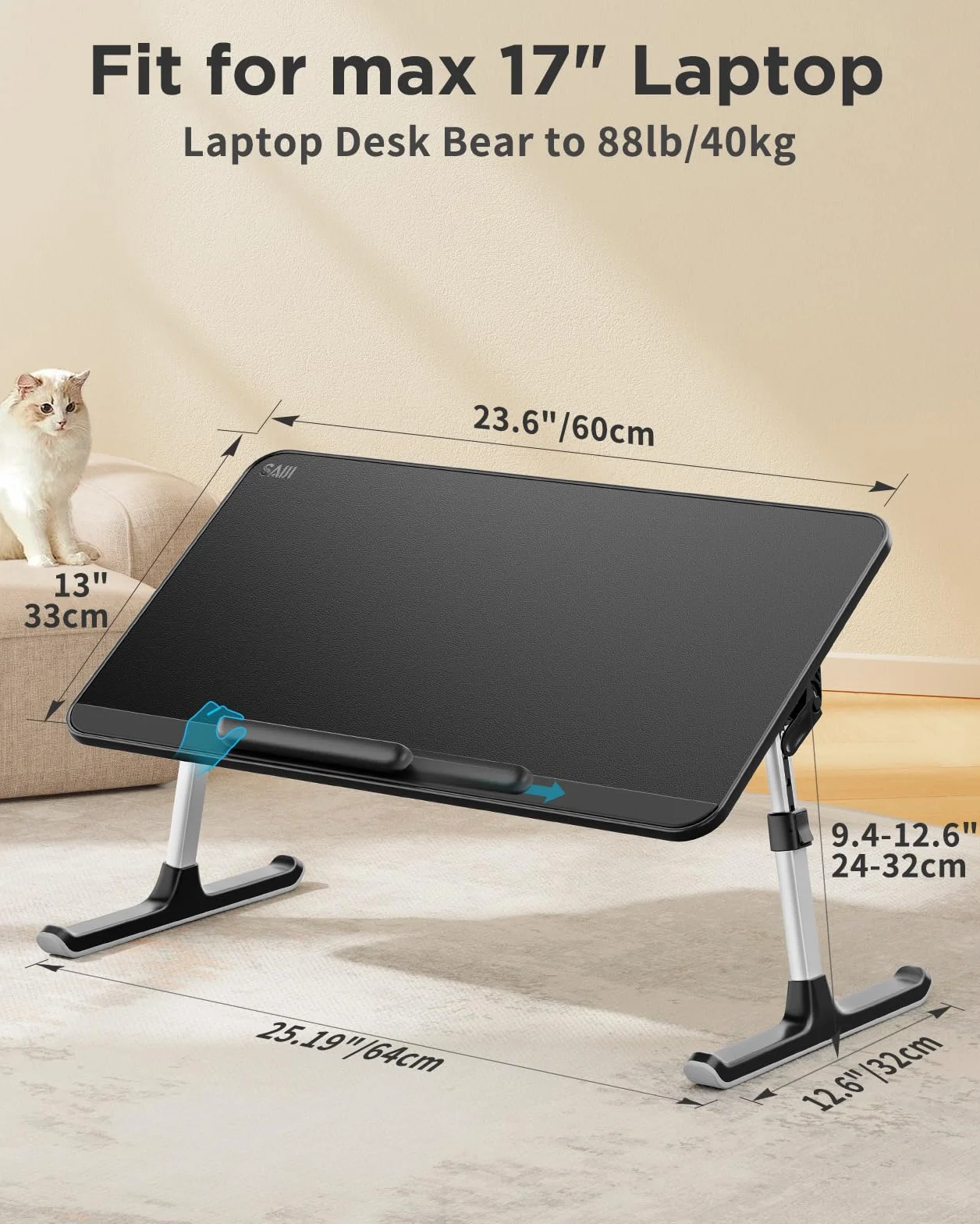 Saiji stół do łóżka, grube, stabilne nóżki, regulacja wysokości i kąta, wystarczająco miejsce na mysz, laptop do 17