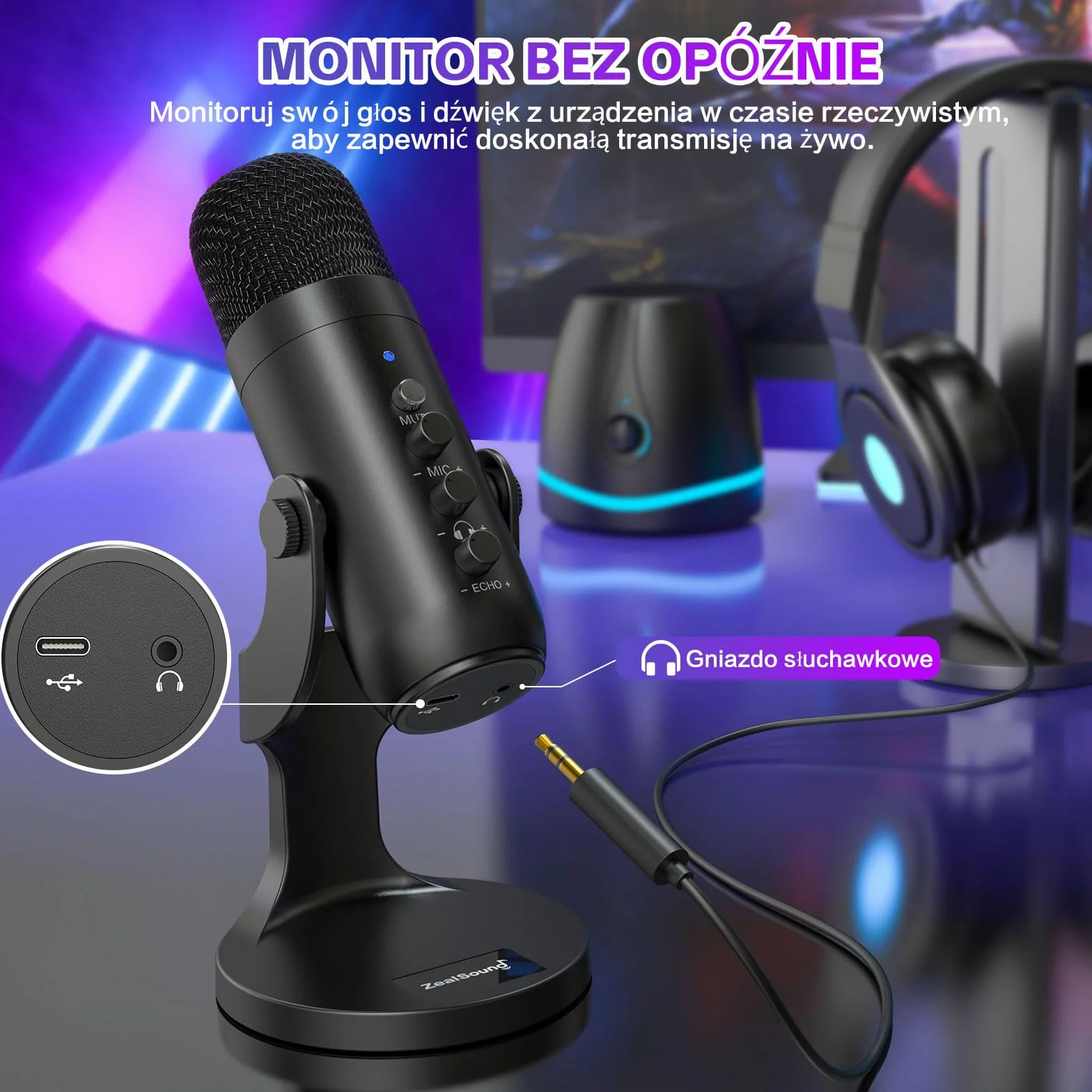 ZealSound Mikrofon USB pojemnościowy K66 do komputera PC PS5 Mac, wyciszenie i echo, regulacja głośności