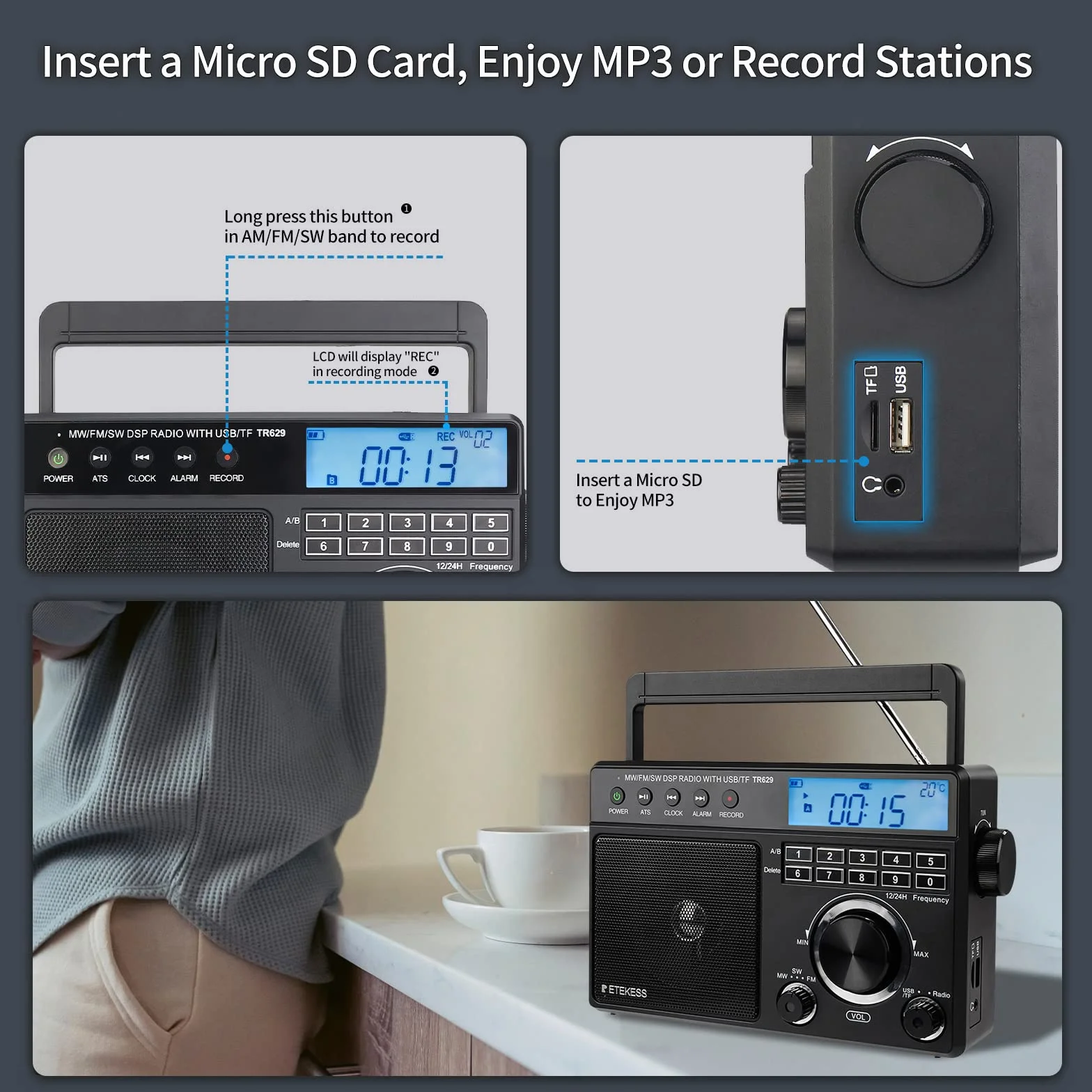 Retekess TR629 Radio Przenośne AM FM SW Odbiornik Radiowy DSP USB SD Zegar Budzik