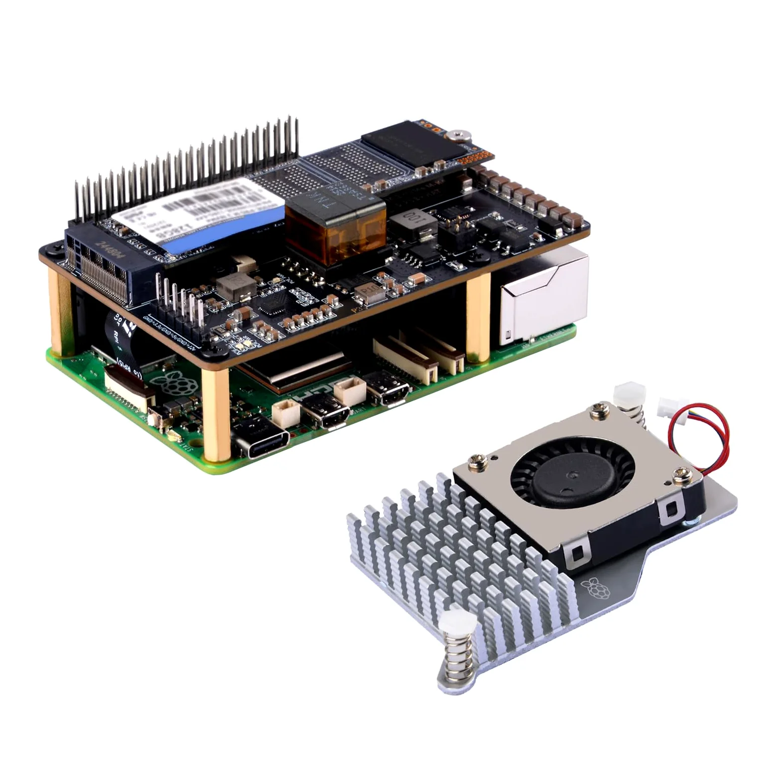 GeeekPi P33 M.2 NVME M-Key PoE + kapelusz dla Raspberry Pi 5, z OFICJALNĄ aktywną chłodnicą Raspberry Pi 5, obsługa M.2 NVMe SSD 2230 2242 2260 2280