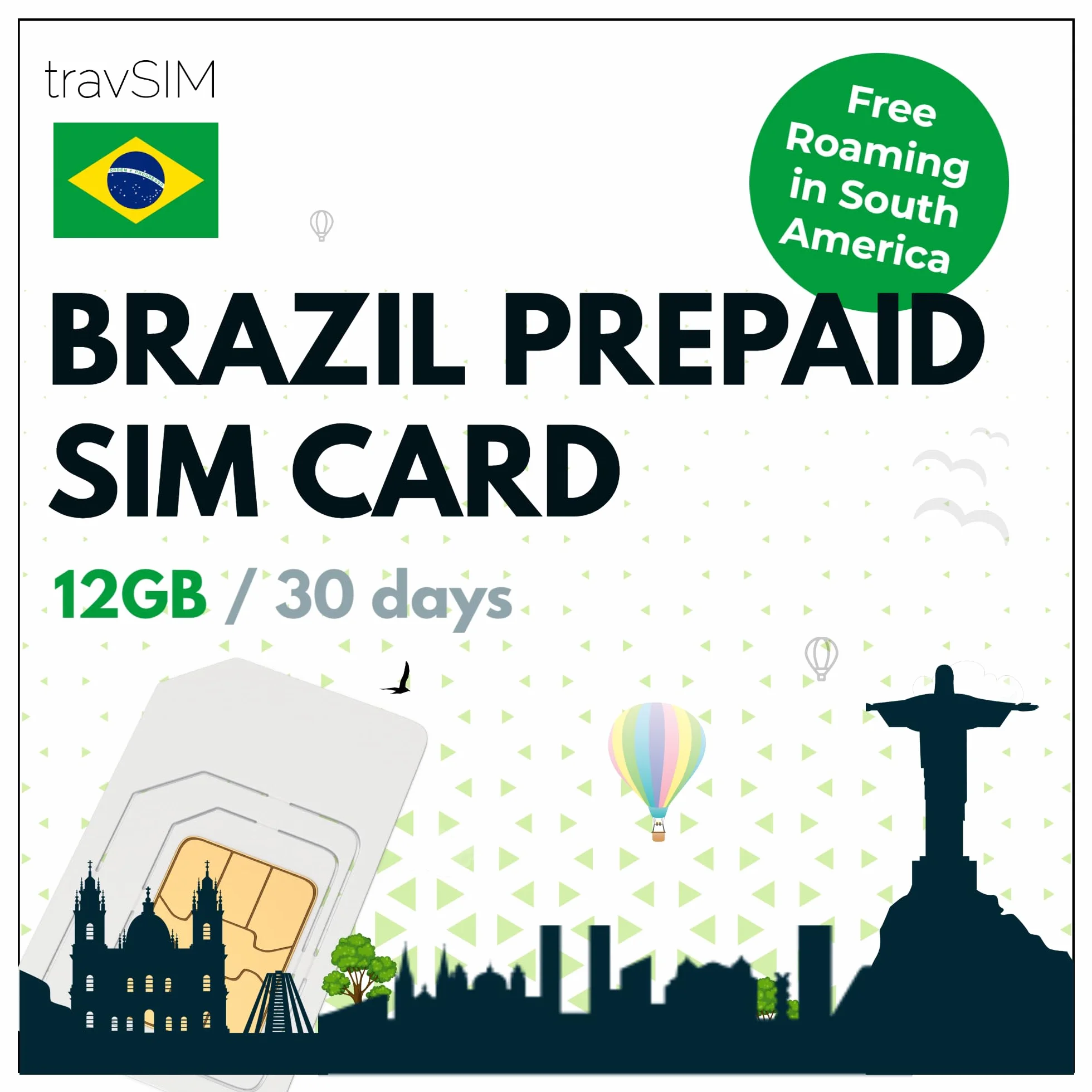 travSIM Brazylia Karta SIM 12 GB 4G/5G Roaming Ameryka Południowa iOS Android 30 dni