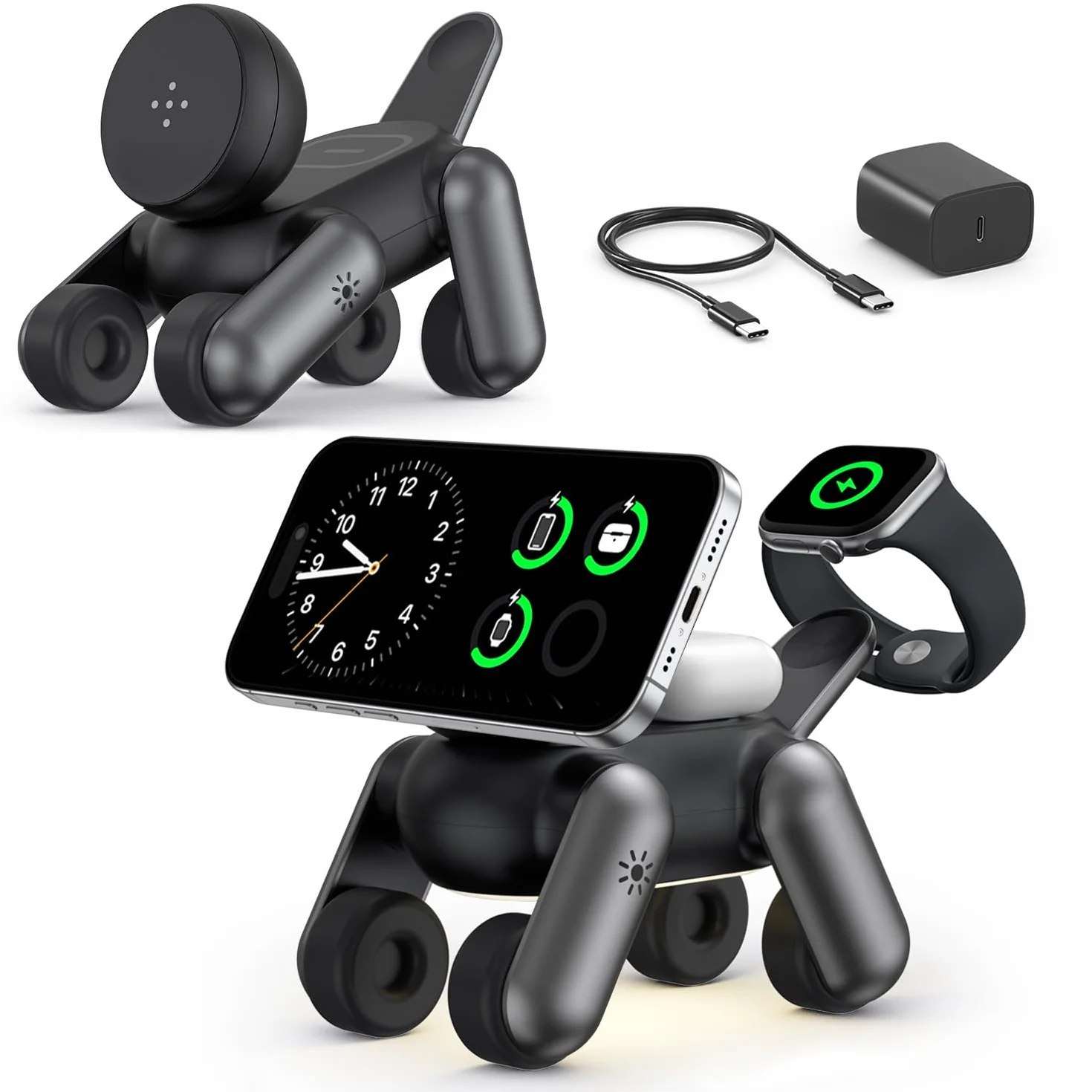 3 w 1 Składana bezprzewodowa ładowarka indukcyjna, kompatybilna z MagSafe, iPhone 17/16/15/14/13/12, Apple Watch S11–S2/Ultra/SE, AirPods Pro, z szybkim adapterem 20W