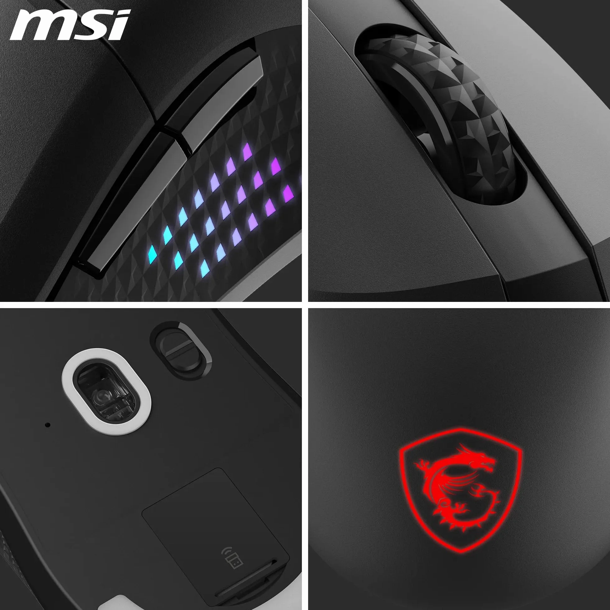 MSI Versa 300 Elite Wireless Gaming Mouse — 26,000 dpi photosensor, 1000 Hz polling rate, balanced, 60 million click OMRON switch, 200-hour battery, 1 ms latency, RGB, 65 g — wired/wireless