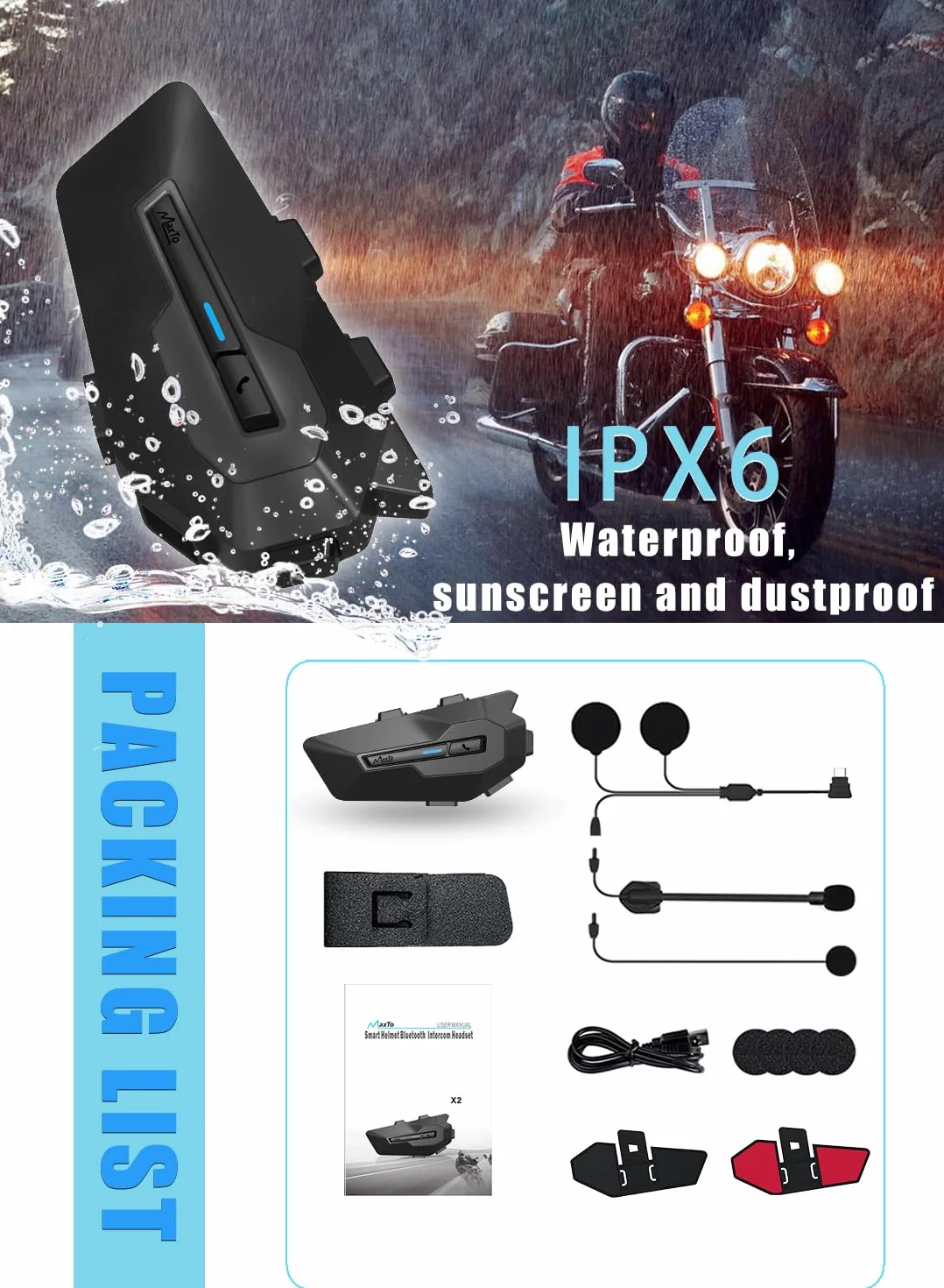 MAXTO Helmet Communication Systems, MX2 2-Riders 800 m Motorcycle Bluetooth Headset with Music Sharing, HiFi Stereo Sound/IPX6 Waterproof / FM Radio, kask motocyklowy