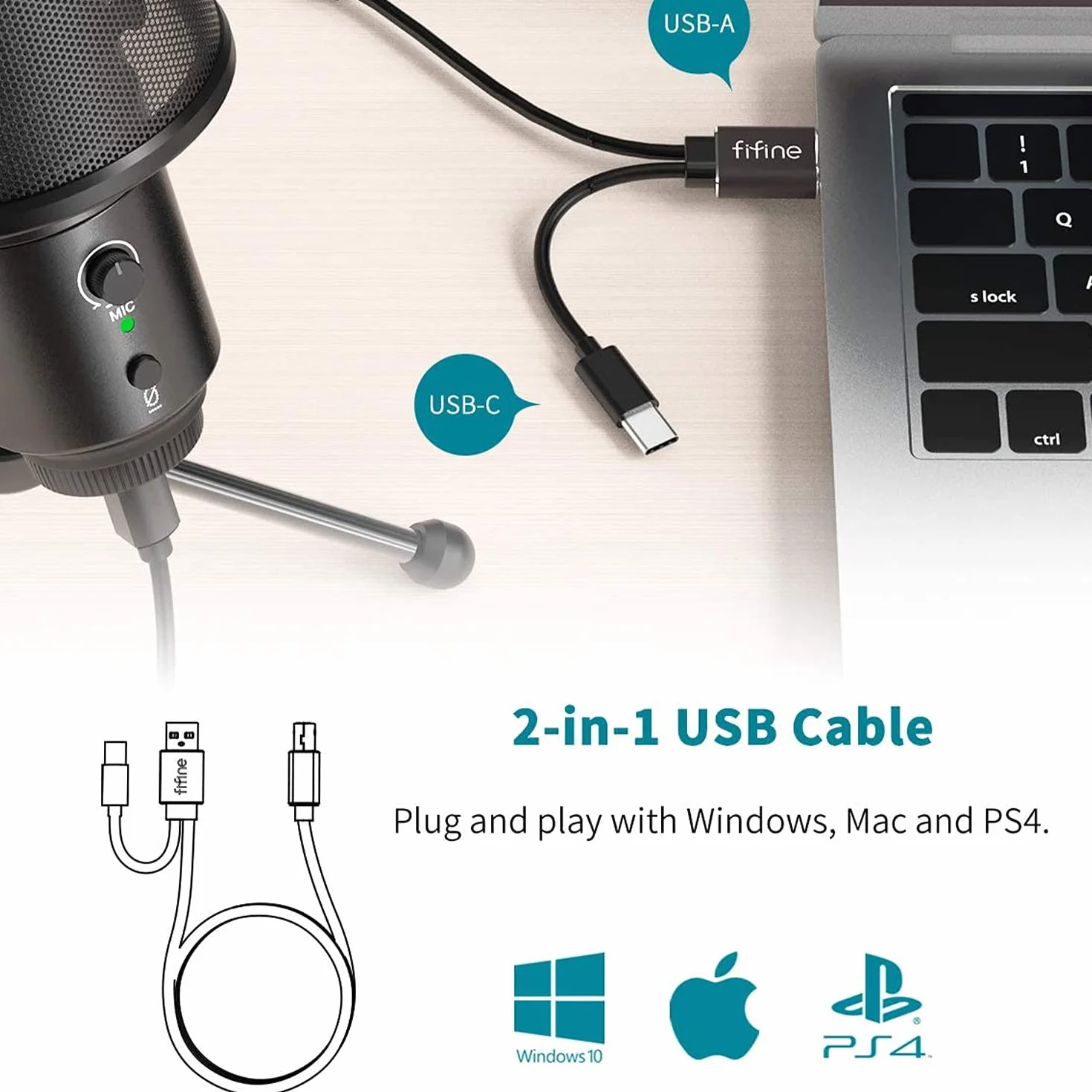 FIFINE Mikrofon kondensator USB do PC MAC PS4 PS5, ze stojakiem, filtr pop, przycisk wyciszenia