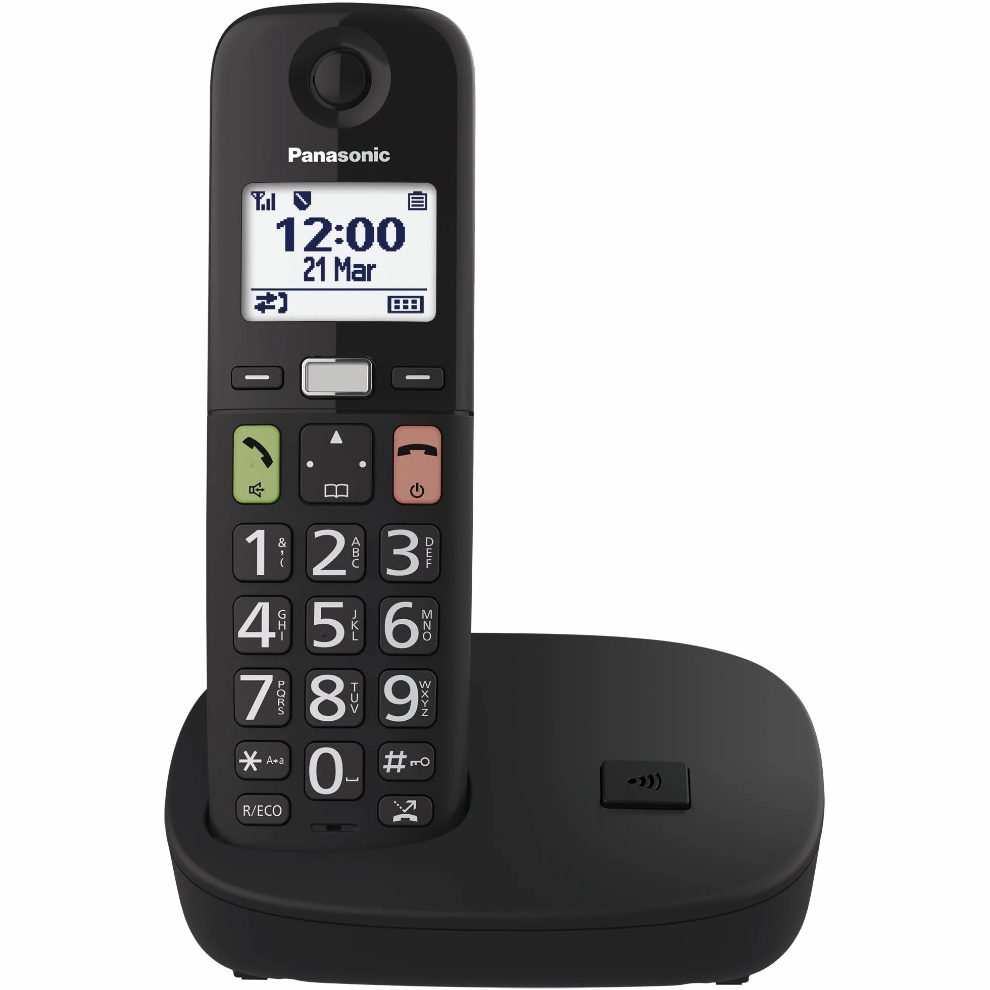 Panasonic KX-TGU110EXB Bezprzewodowy telefon cyfrowy, ekran LCD, duże przyciski, ulubione połączenia, kompatybilny z aparatami słuchowymi, czarny