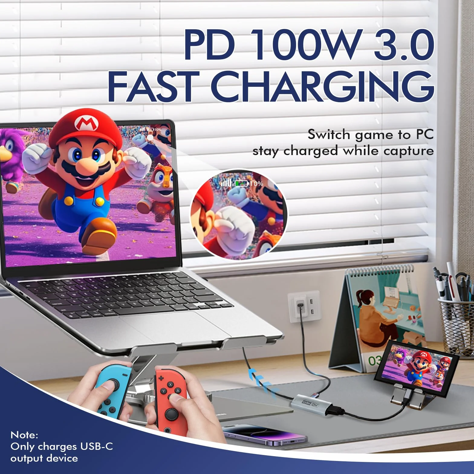 Guermok Karta Przechwytująca USB3.0 do Streamingu, Adapter USBC/Typ C 90° i PD 100W, 3,3ft 2K@30FPS HDMI na USB A/C dla /Quest3/Pad/MacOS/Switch/PS5/4